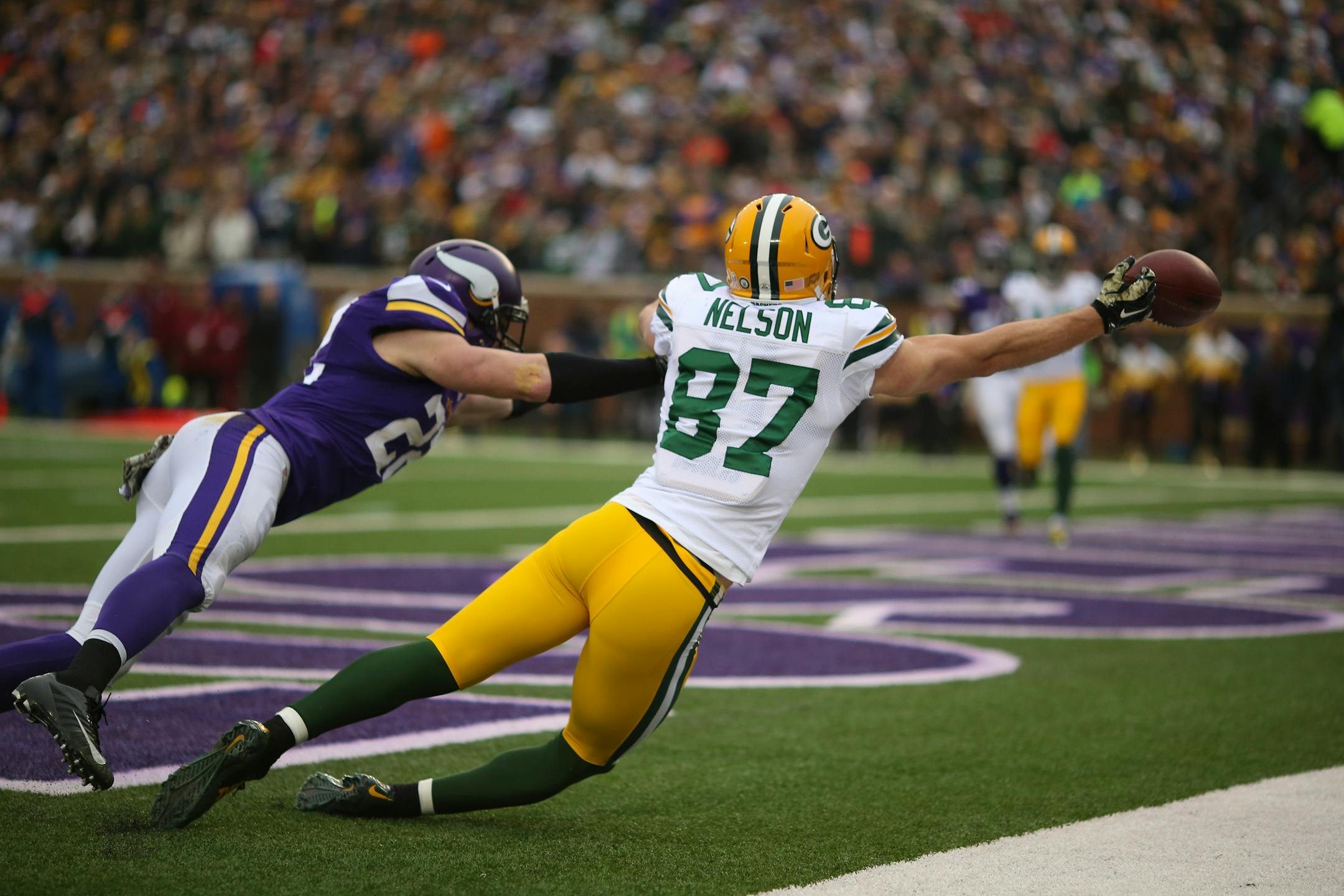 Minnesota Vikings free safety Harrison Smith (22) was called for defensive pass interference on Green Bay Packers wide receiver Jordy Nelson (87) in the first quarter Sunday afternoon at TCF Bank Stadium in Minneapolis. The penalty brought the ball to the Vikings' 1 yard line and Green Bay scored on the following play. ] JEFF WHEELER â€¢ jeff.wheeler@startribune.com The Vikings faced the Green Bay Packers Sunday afternoon, November 23, 2014 at TCF Bank Stadium in Minneapolis.
