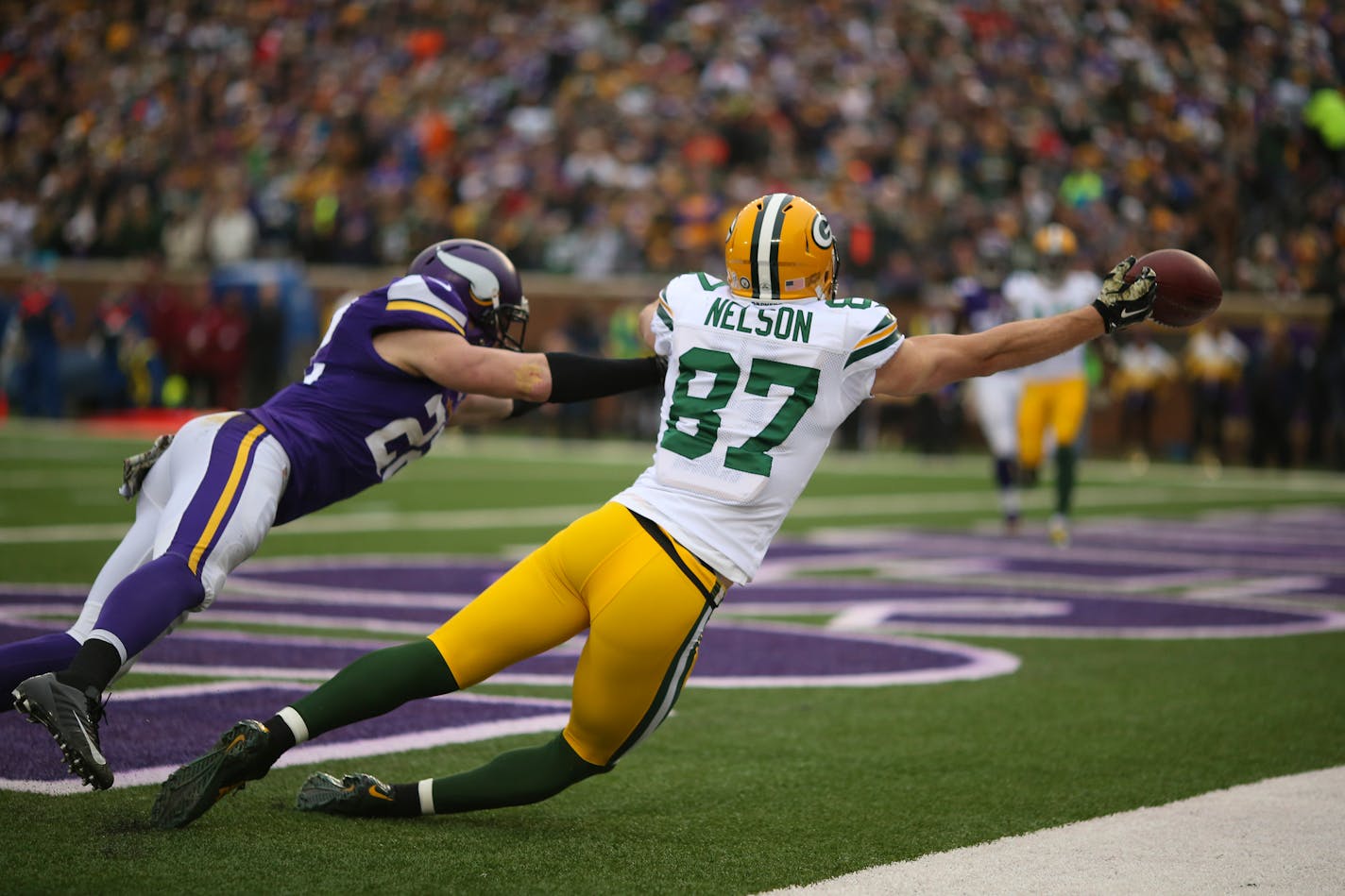 Minnesota Vikings free safety Harrison Smith (22) was called for defensive pass interference on Green Bay Packers wide receiver Jordy Nelson (87) in the first quarter Sunday afternoon at TCF Bank Stadium in Minneapolis. The penalty brought the ball to the Vikings' 1 yard line and Green Bay scored on the following play. ] JEFF WHEELER â€¢ jeff.wheeler@startribune.com The Vikings faced the Green Bay Packers Sunday afternoon, November 23, 2014 at TCF Bank Stadium in Minneapolis.