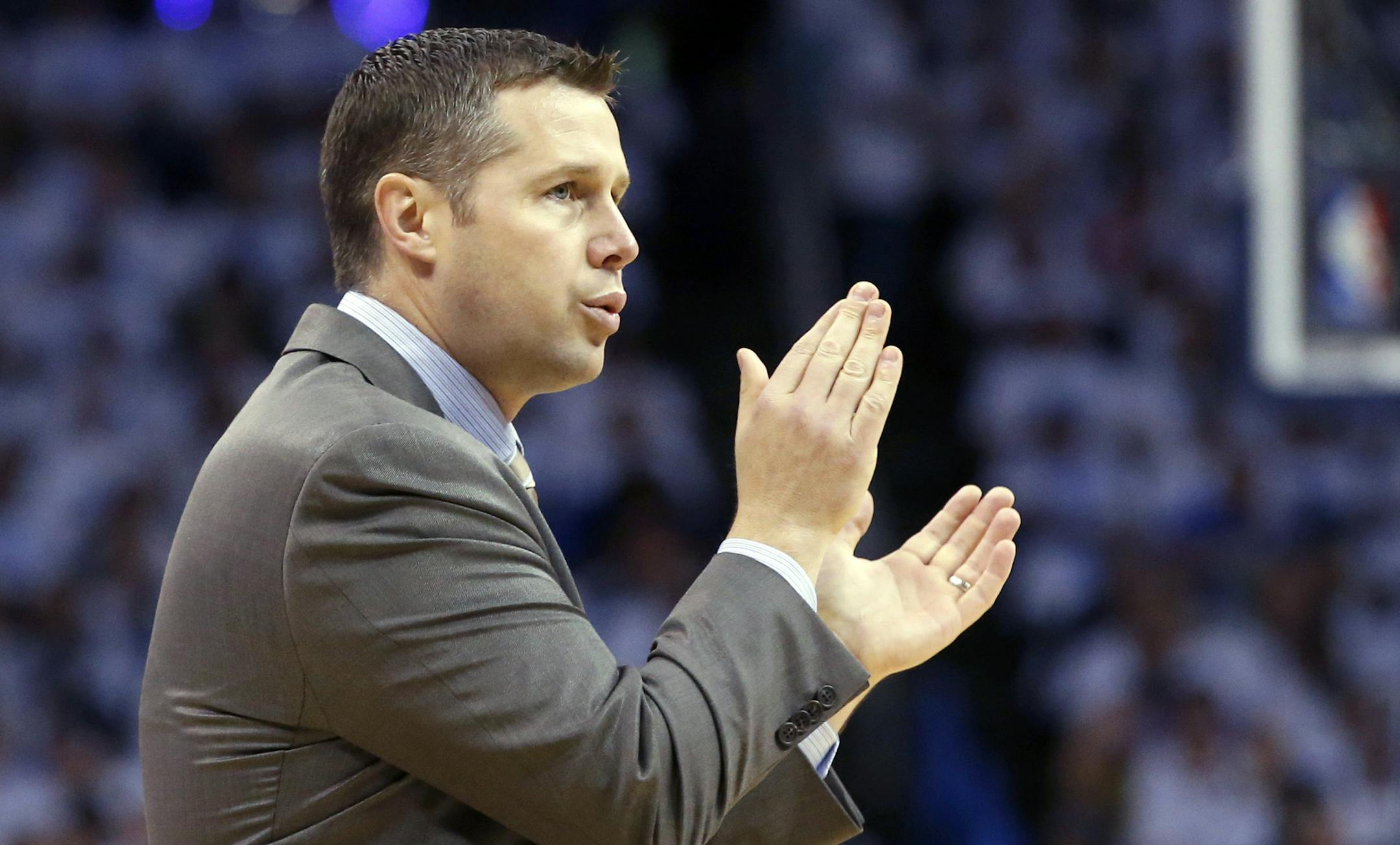 Memphis Grizzlies head coach David Joerger gestures during Game 5 of an opening-round NBA basketball playoff series against the Oklahoma City Thunder in Oklahoma City, Tuesday, April 29, 2014. (AP Photo) ORG XMIT: OKSO