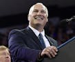 FILE - In this June 20, 2018 file photo, Pete Stauber, a Republican congressional candidate running in a traditionally Democratic district, speaks dur