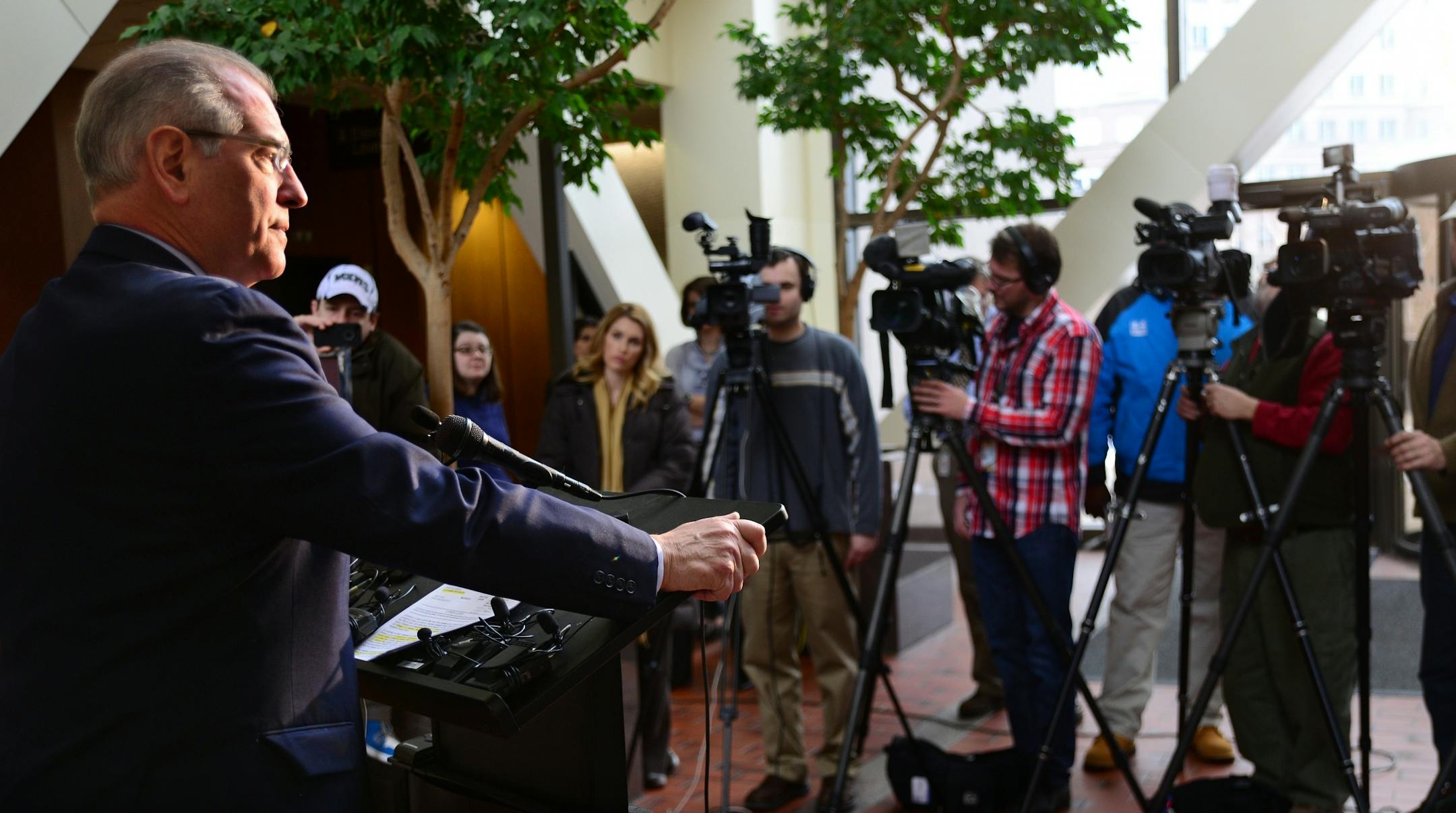 Hennepin County Attorney Mike Freeman discussed the financial exploitation of a vulnerable adult and perjury charges against Maple Grove City Council Woman Leann Sargent in the Hennepin County Government Center.