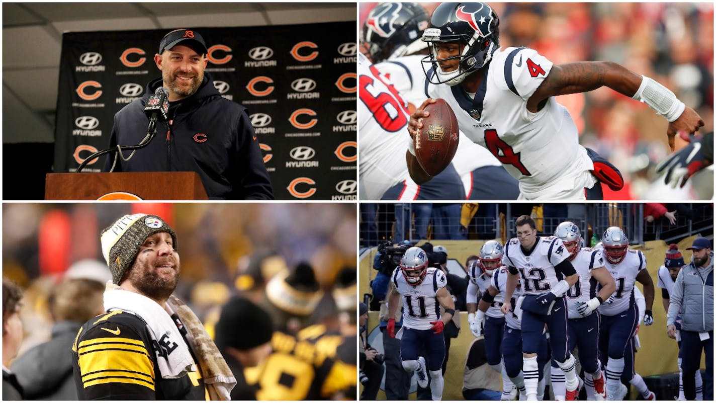 Houston's Deshaun Watson (clockwise top right), New England's Tom Brady, Pittsburgh's Ben Roethlisberger and Chicago coach Matt Nagy