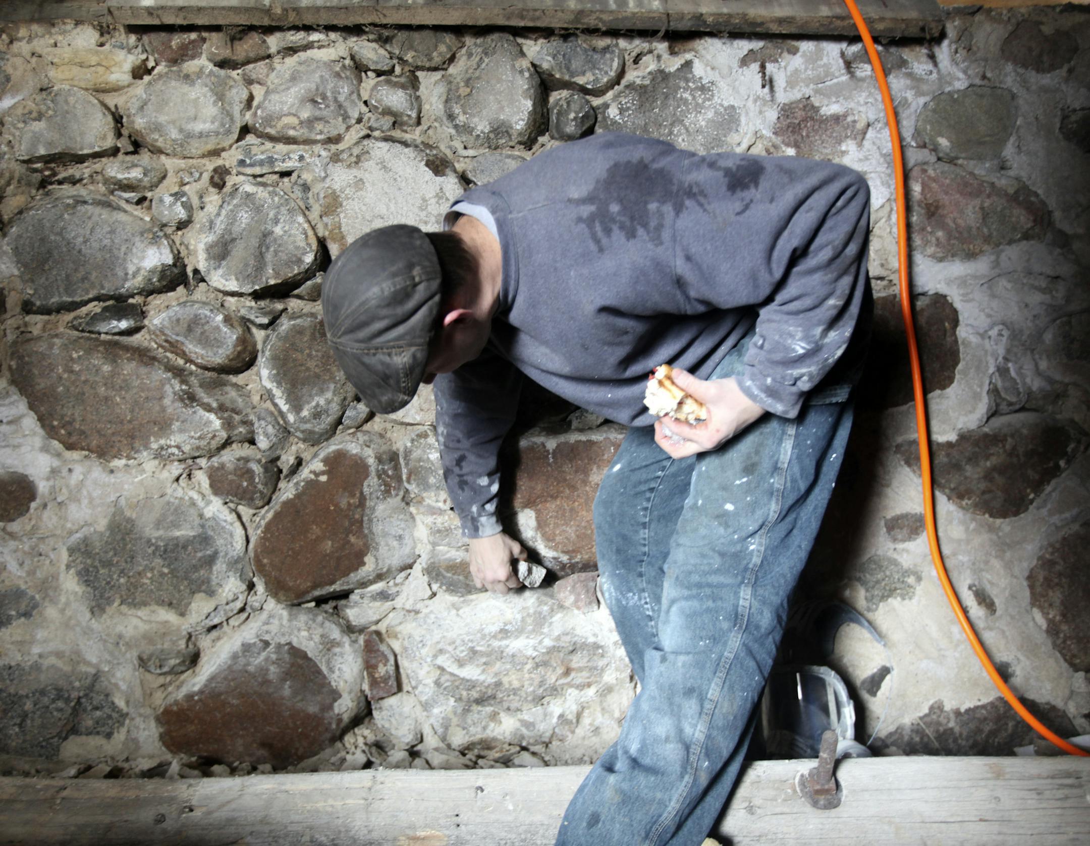 Patrick Sieben, a mason, talked about the restoration work on the foundation on the north barn built 150 years ago by Swedish immigrant Andrew Peterson in Waconia Min., Friday, March 2, 2012. ] (KYNDELL HARKNESS/STAR TRIBUNE) kyndell.harkness@startribune.com