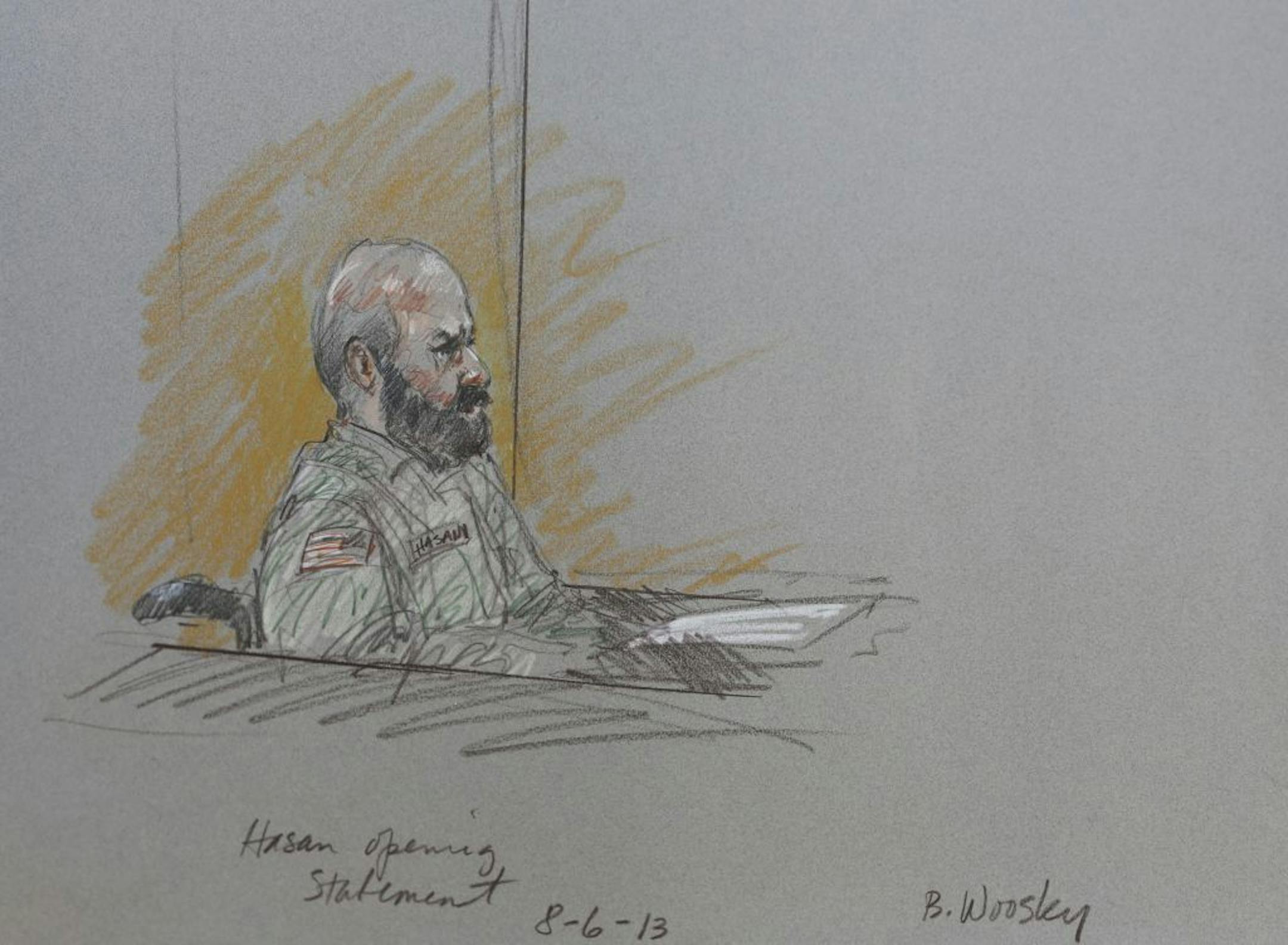 This court room sketch shows Maj. Nidal Malik Hasan during his court-martial Tuesday, Aug. 6, 2013, in Forth Hood, Texas.