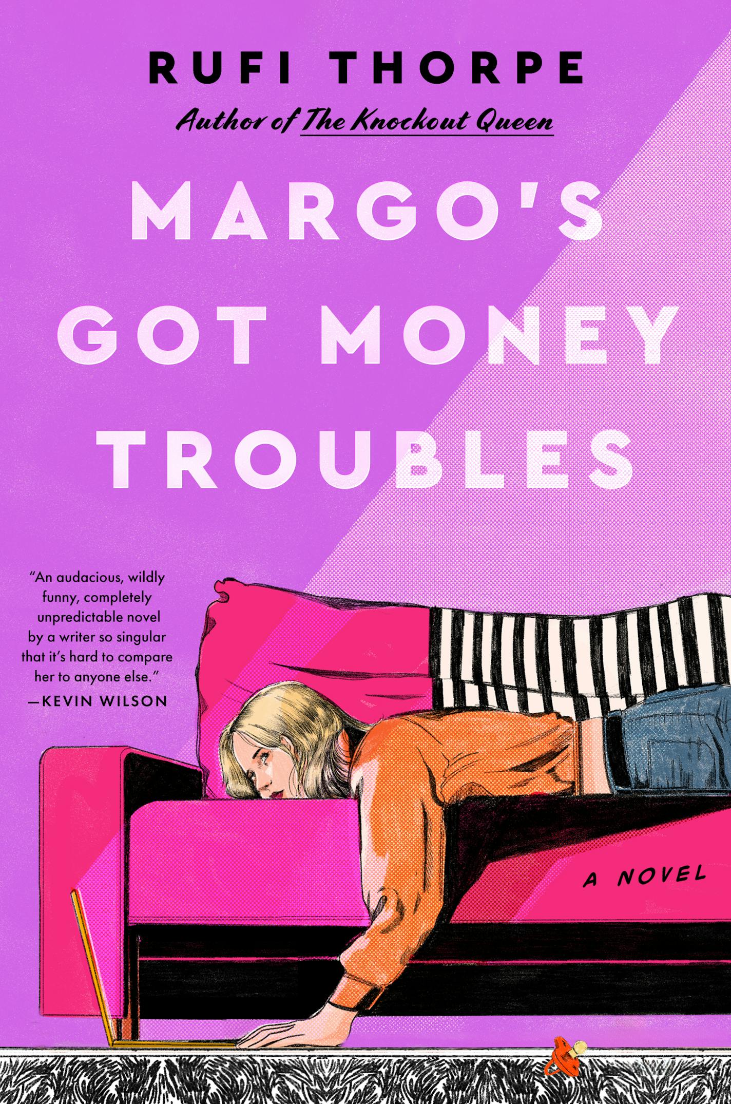 pink cover of Margo's Got Money Troubles is of a woman lying on a couch