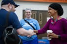 U.S. Rep. Ilhan Omar greets supporters before the start of the Fifth Congressional District's DFL endorsing convention at South High School in Minneap