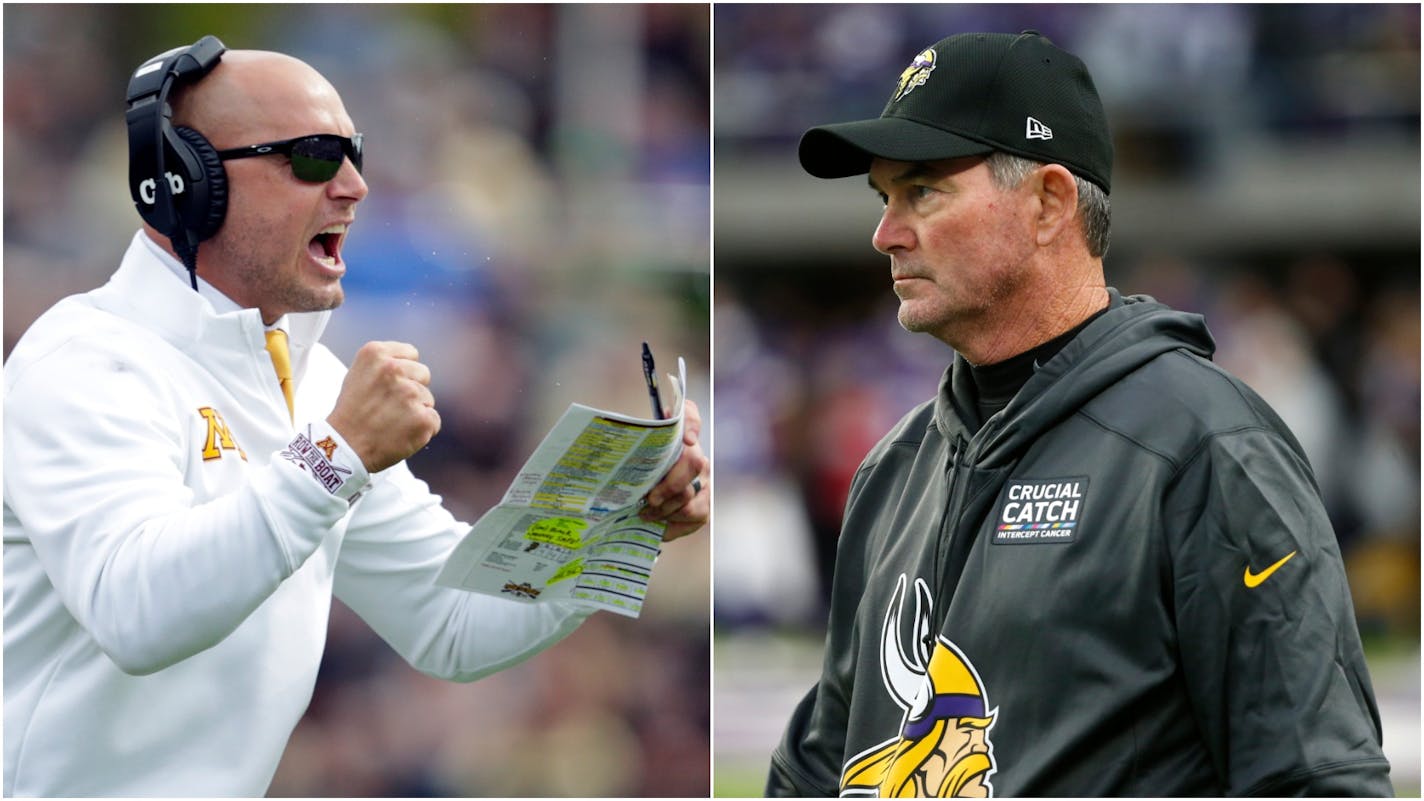 Gophers football coach P.J. Fleck, left, and Vikings coach Mike Zimmer.