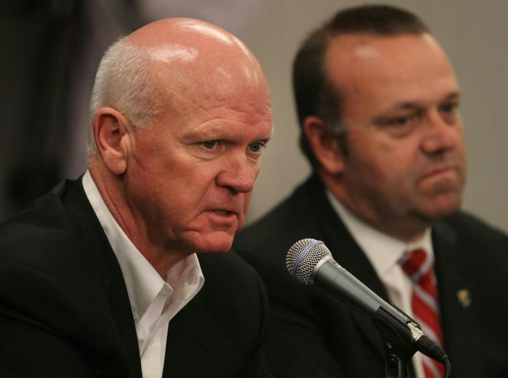 Twins interim General Manager Terry Ryan spoke to reporters after Twins President Dave St. Peter (right) announced Bill Smith would not return as general manager during a news conference at Target Field on November 7.