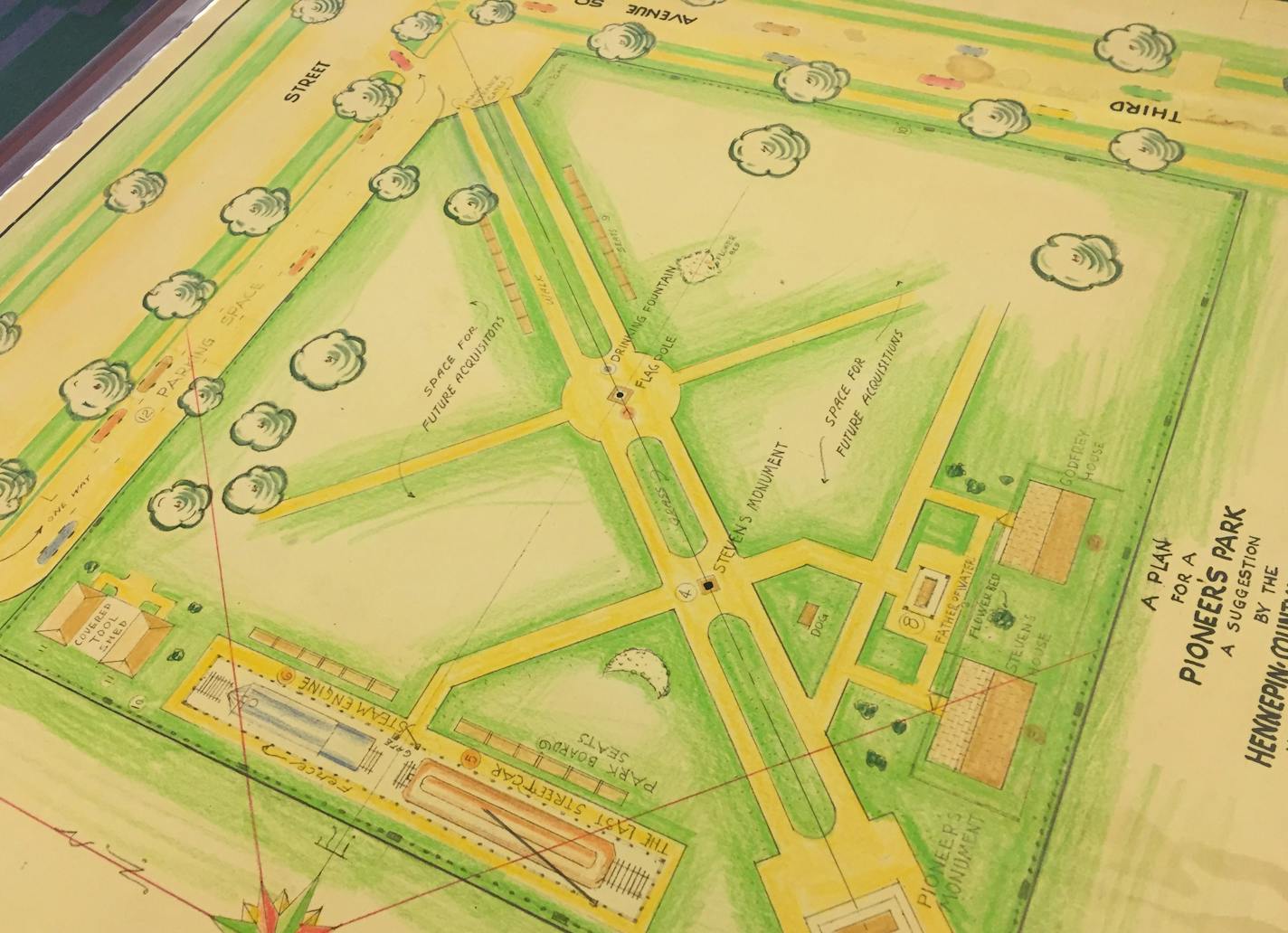 A map of the park proposed by Joseph Zalusky, on display at the fourth floor special collections room in the Hennepin County Library.