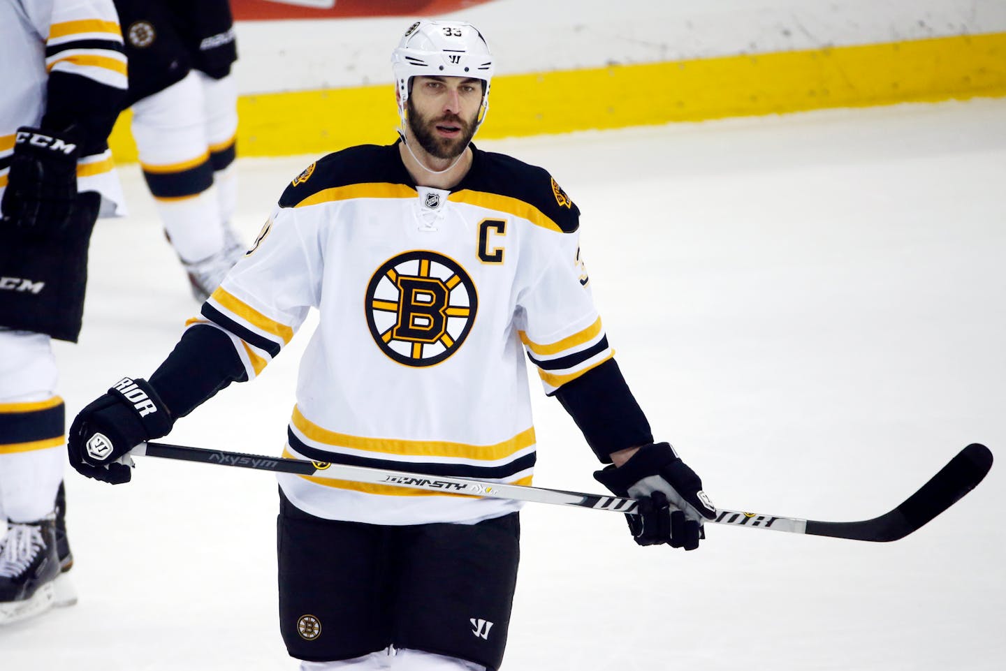 Boston Bruins' Zdeno Chara (33) prepares for a face-off during the third period of an NHL hockey game against the Pittsburgh Penguins in Pittsburgh Wednesday, Jan. 7, 2015. The Bruins won in overtime, 3-2. (AP Photo/Gene J. Puskar)