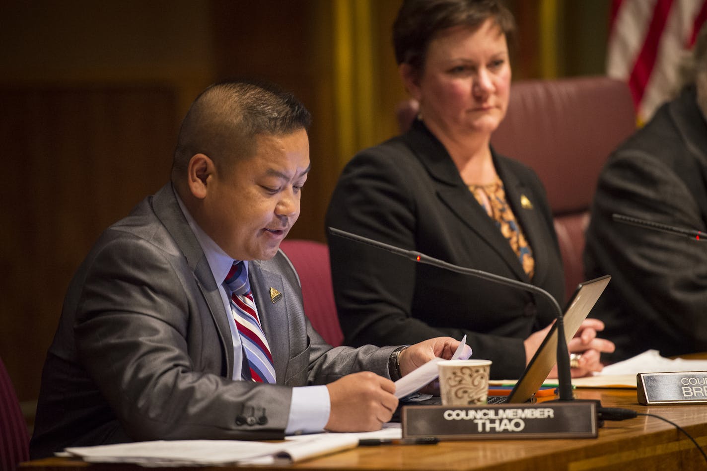 St. Paul City Council member Dai Thao opened the discussion on Resolution 15-2233, which he authored to condemn Republican presidential candidate Donald Trump for anti-Muslim, anti-refugee and anti-immigrant speech. ] (AARON LAVINSKY/STAR TRIBUNE) aaron.lavinsky@startribune.com The St. Paul City Council voted on a resolution condemning Republican presidential candidate Donald Trump for anti-Muslim, anti-refugee and anti-immigrant speech during a meeting Wednesday night in the St. Paul City Counc