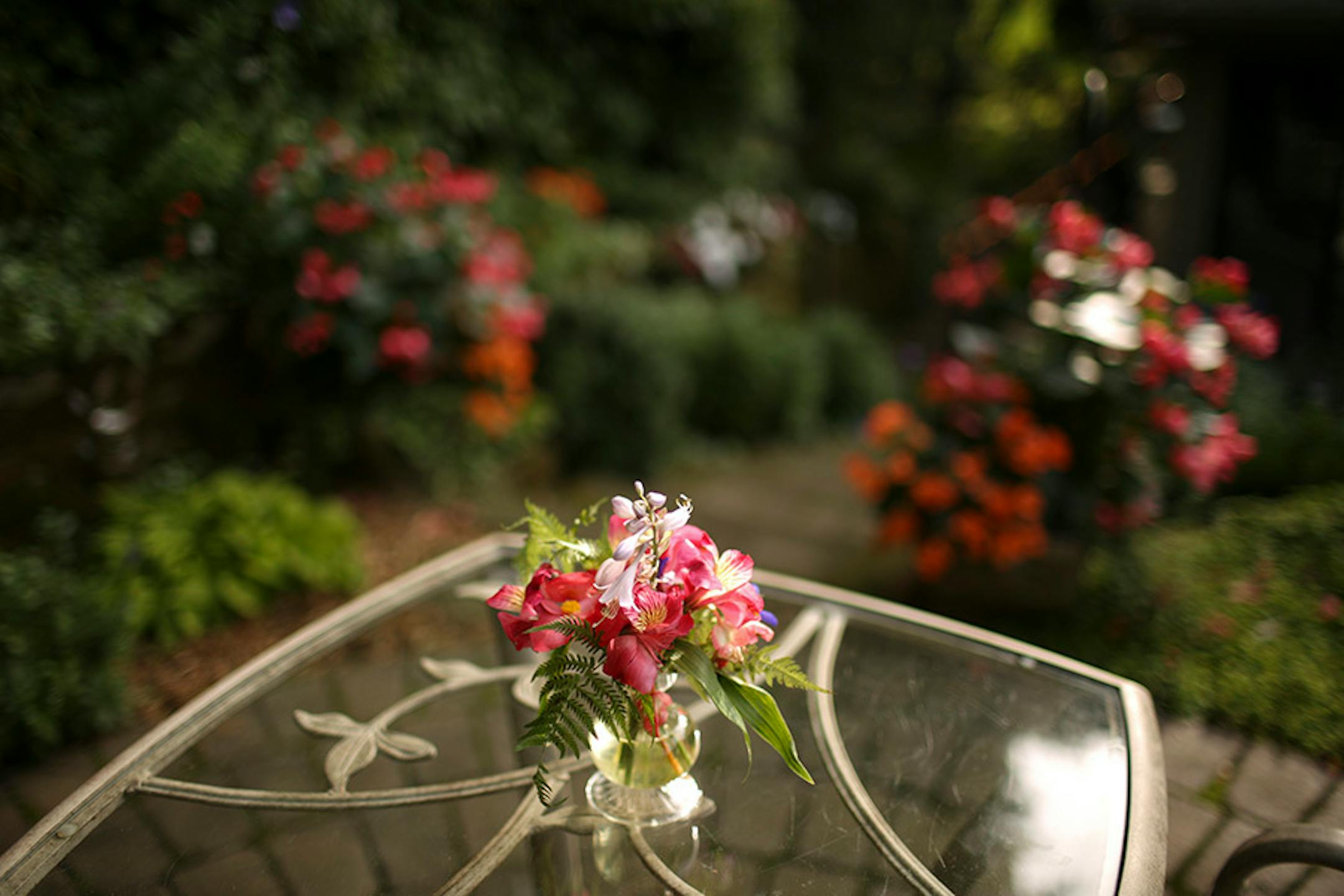 An arrangement of fresh-cut flowers from the garden.