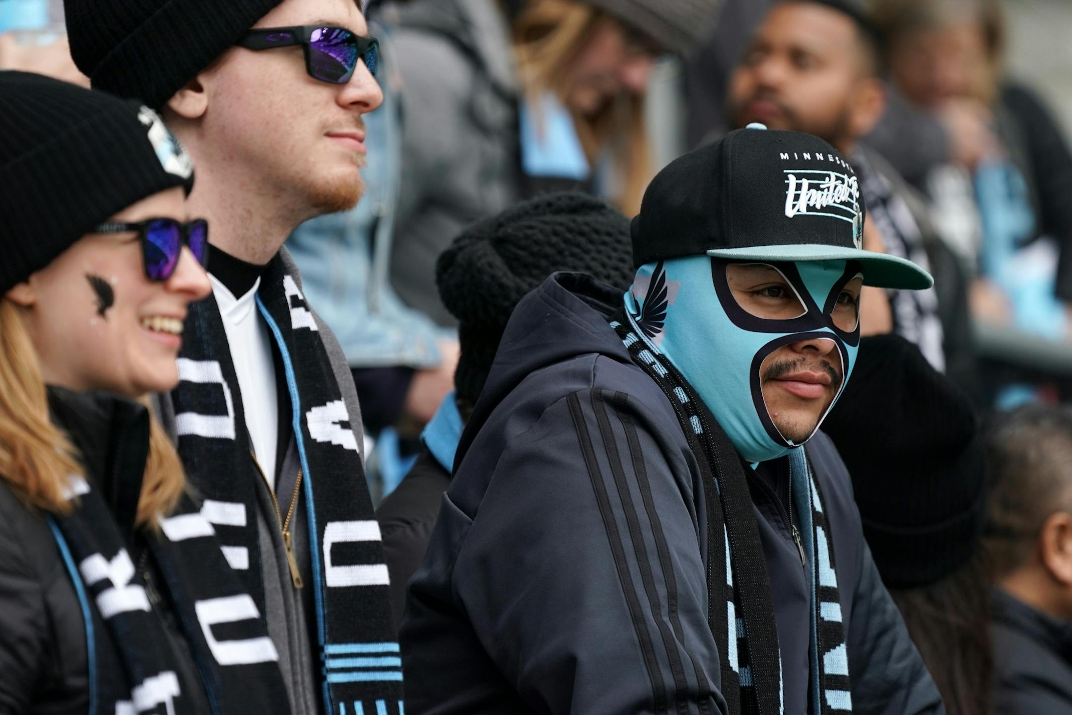 Minnesota United fan Roger Dominguez of Belle Plaine, Minn. wore a mask to show his Loon spirt at Saturday's home opener against New York City at Allianz Field.