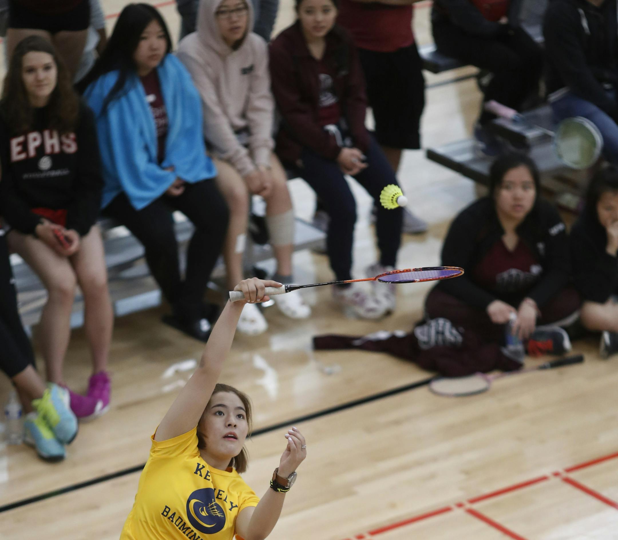 Chusang Nhasang of Kennedy High School returned a shot during her championship badminton match with Khao Nou Lor of Johnson High School during state tournament action at Burnsville High Thursday May 18, 2017 in Burnsville, MN. ] JERRY HOLT &#xef; jerry.holt@startribune.com