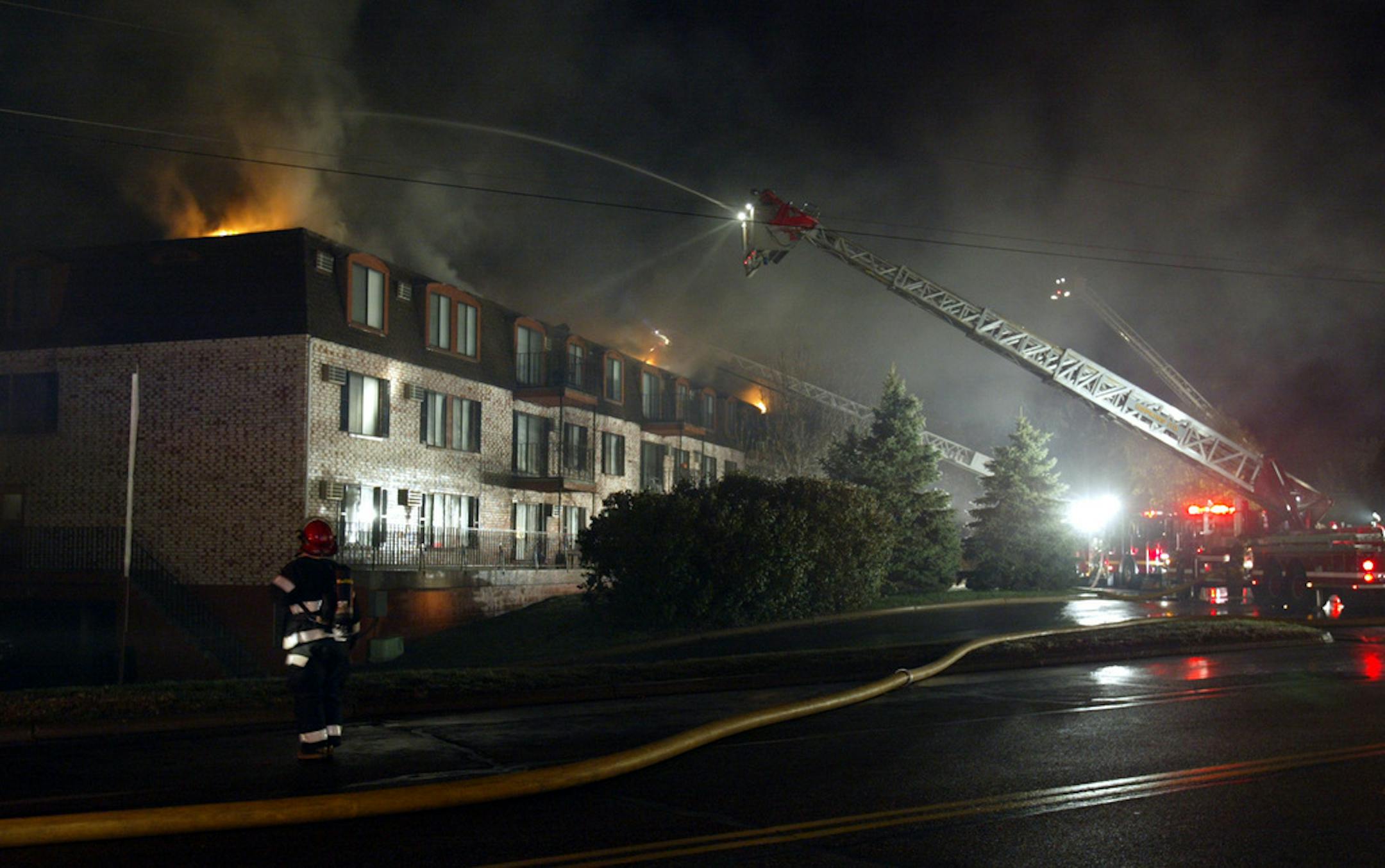 During this Edina apartment complex blaze in 2002, fire crews from Bloomington, Hopkins, St. Louis Park and Minneapolis joined the Edina Fire Department in knocking down the flames.