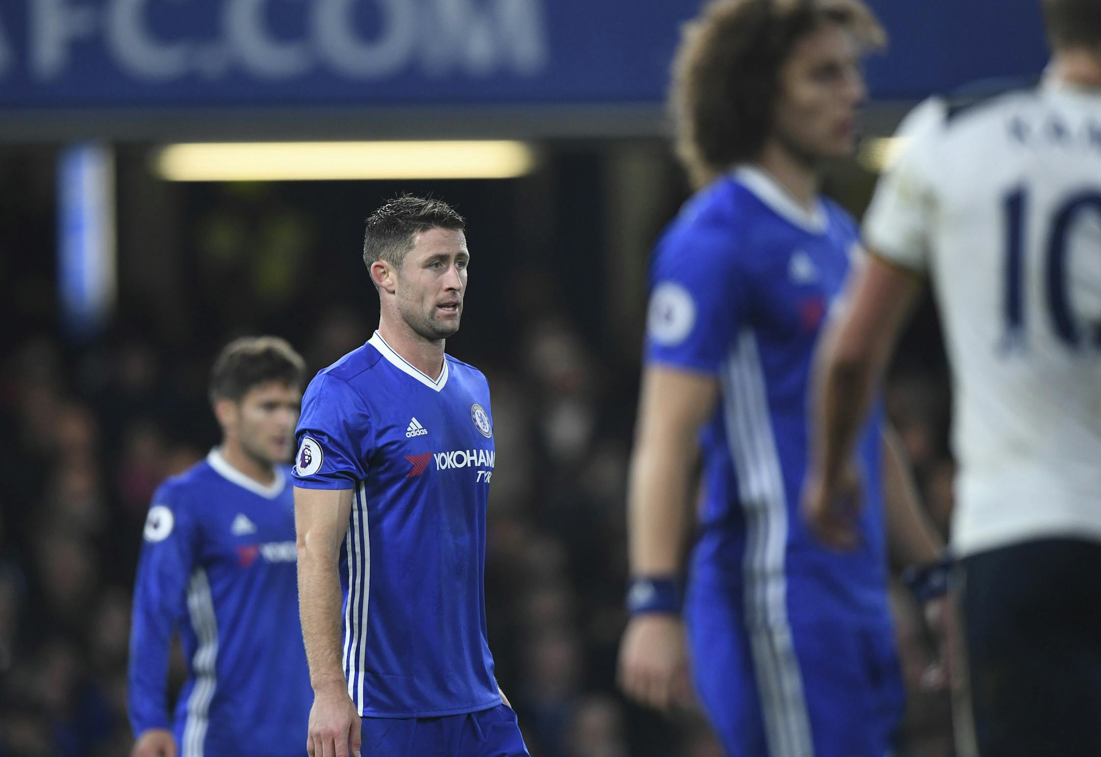 Editorial use only. No merchandising. For Football images FA and Premier League restrictions apply inc. no internet/mobile usage without FAPL license - for details contact Football DatacoThe Chelsea back three of l-r Marcos Alonso, Gary Cahill and David Luiz during the Premier League match between Chelsea and Tottenham Hotspur played at Stamford Bridge, London on 26th November 2016 Football - Premier League 2016/17 Chelsea v Tottenham Hotspur Stamford Bridge, Fulham Rd, London, United Kingdom -