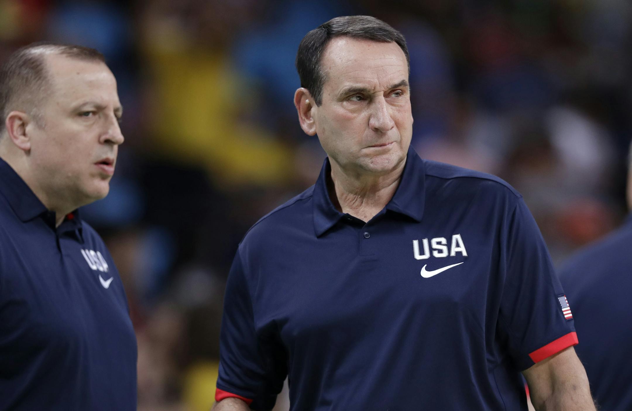 U.S. coach Mike Krzyzewski, right, and assistant Tom Thibodeau aren’t taking the Aussies lightly. “They’ve got a great program,” Thibodeau said.
