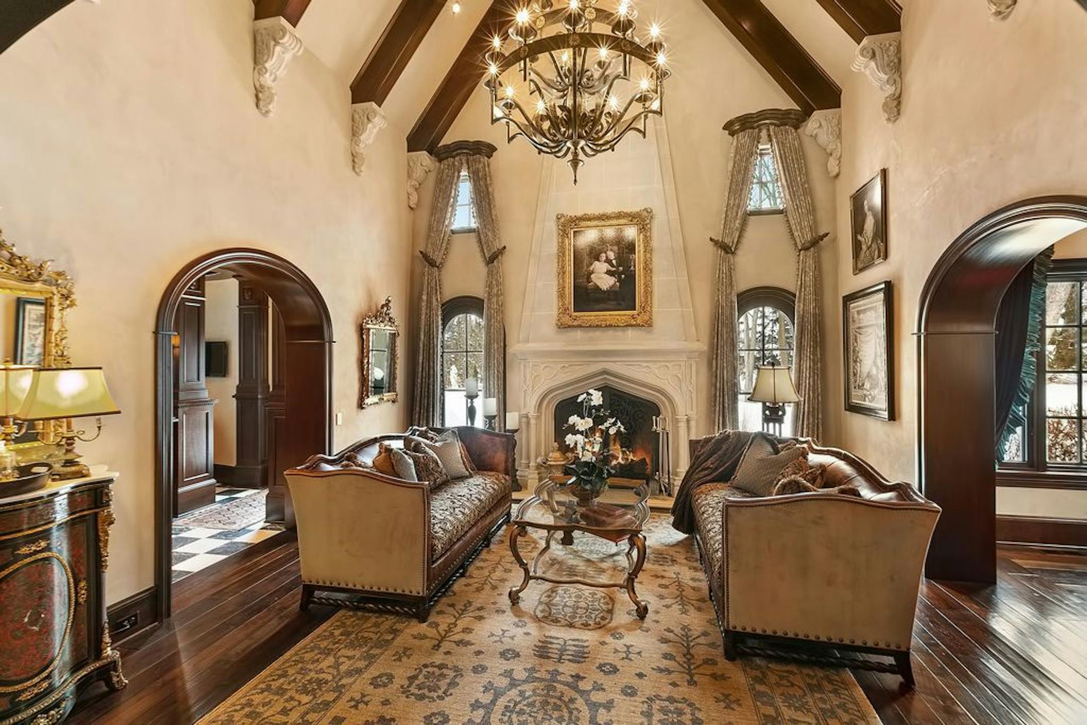The home has a grand two-story living room.