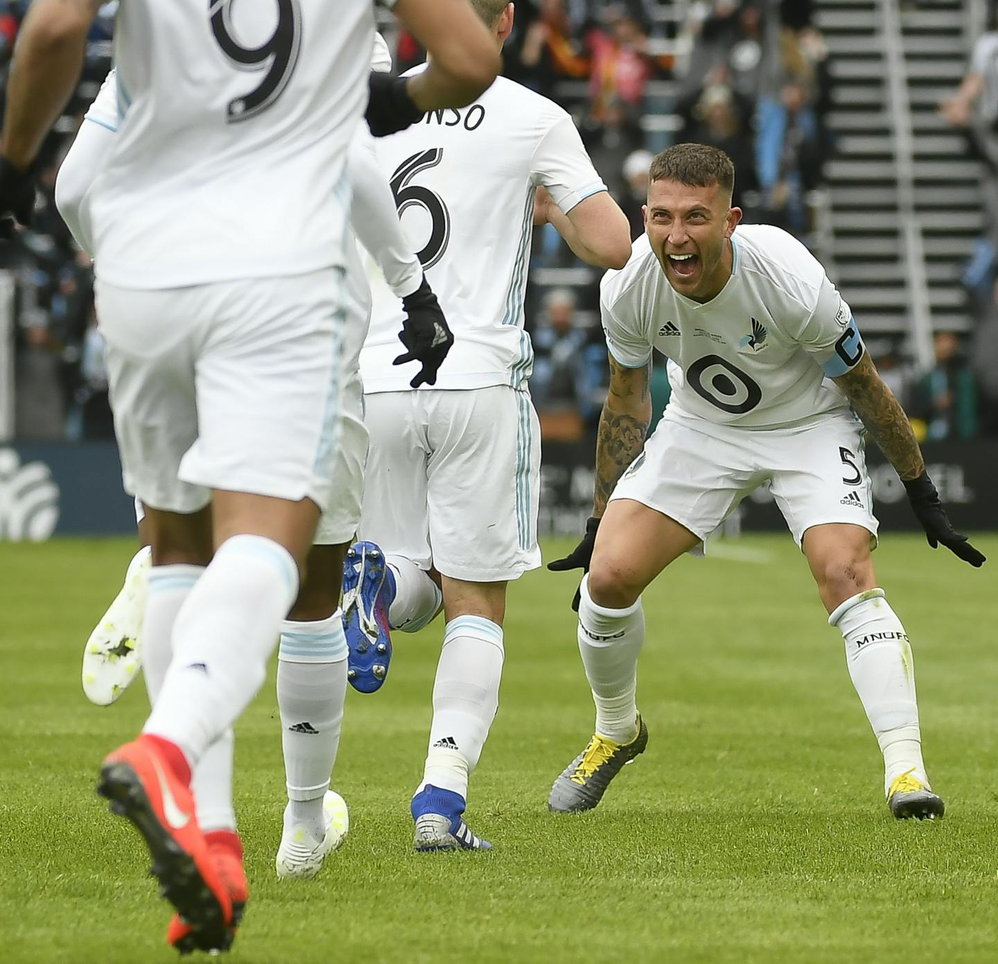 Minnesota United defender Francisco Calvo (5) celebrated with midfielder Osvaldo Alonso (6) after Alonso scored a goal in the first half against NYC FC. ] Aaron Lavinsky &#xa5; aaron.lavinsky@startribune.com Minnesota United played NYC FC on Saturday, April 13, 2019 at Allianz Field in St. Paul, Minn.