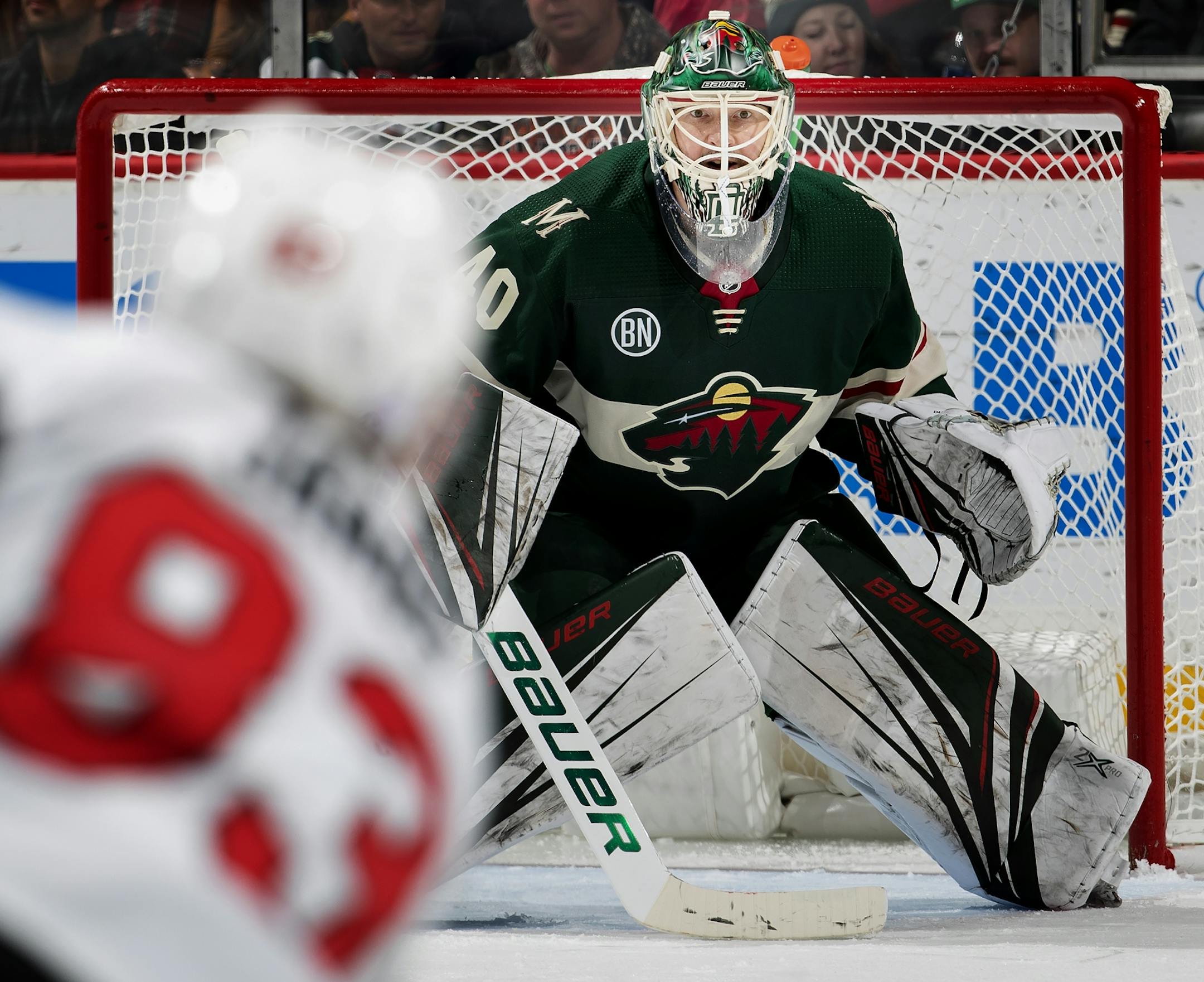 Wild goalie Devan Dubnyk kept his eyes on the puck in the second period.