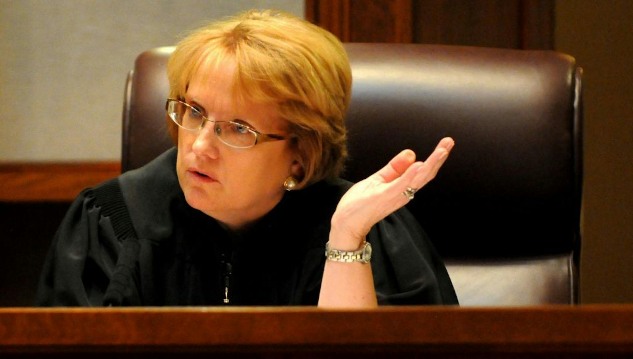 Chief Justice Lorie Gildea questions attorney Erick Kaardal as he presented his argument representing the petitioners as the Minnesota Supreme Court heard oral arguments challenging the Secretary of State and Attorney General changing the titles of constitutional amendment questions headed for the voters on Tuesday morning, July 31, 2012.