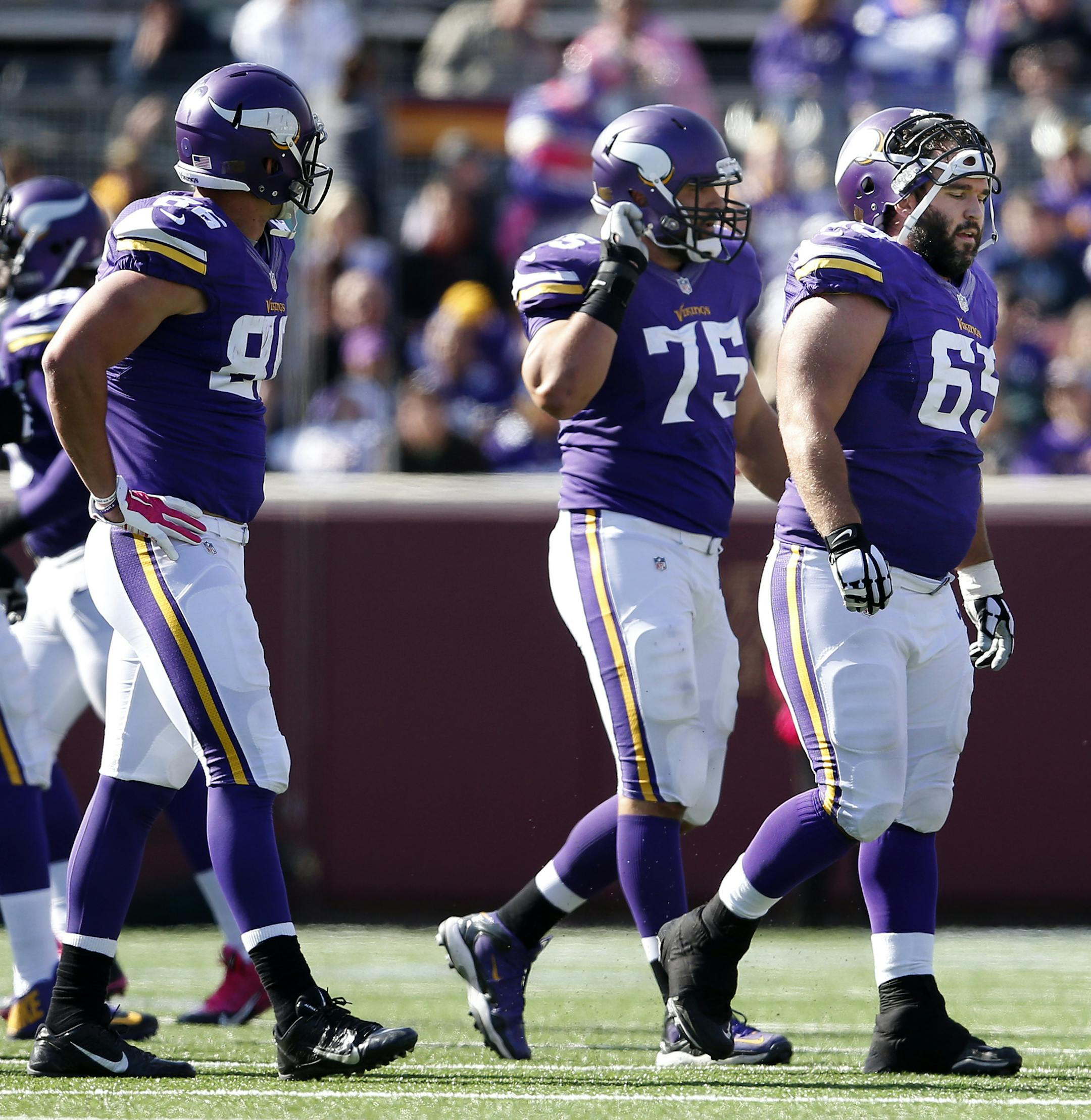 The Minnesota Vikings offense walked off the field after rookie quarterback Teddy Bridgewater (5) threw an interception in the third quarter. Detroit beat Minnesota by a final score of 17-3. ] CARLOS GONZALEZ cgonzalez@startribune.com - October 12, 2014 , Minneapolis, Minn., NFL, TCF Bank Stadium, Minnesota Vikings vs. Detroit Lions