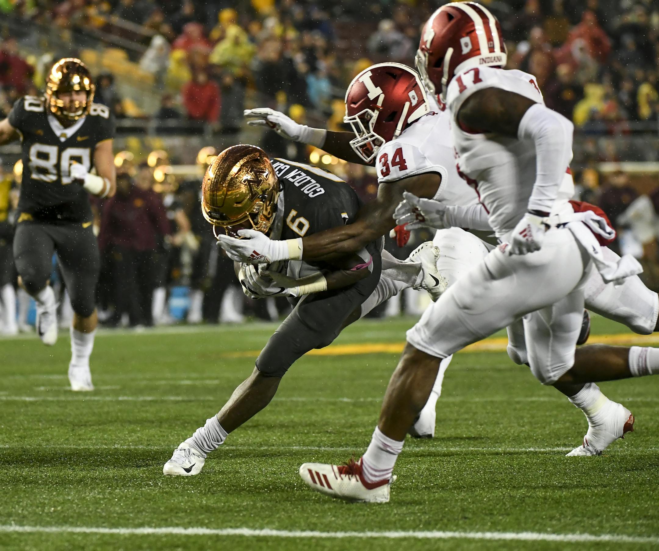 Gophers wide receiver Tyler Johnson (6) fell into the end zone for his second touchdown of the night against the Indiana Hoosiers. ] Aaron Lavinsky • aaron.lavinsky@startribune.com The University of Minnesota Golden Gophers football team played the Indiana Hoosiers on Friday, Oct. 26, 2018 at TCF Bank Stadium in Minneapolis, Minn.