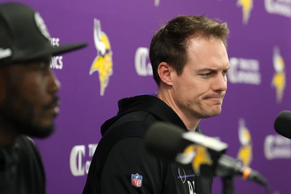 Minnesota Vikings coach Kevin O'Connell takes questions from reporters during an end of season press conference Wednesday, Jan. 18, 2023 at the TCO Pe