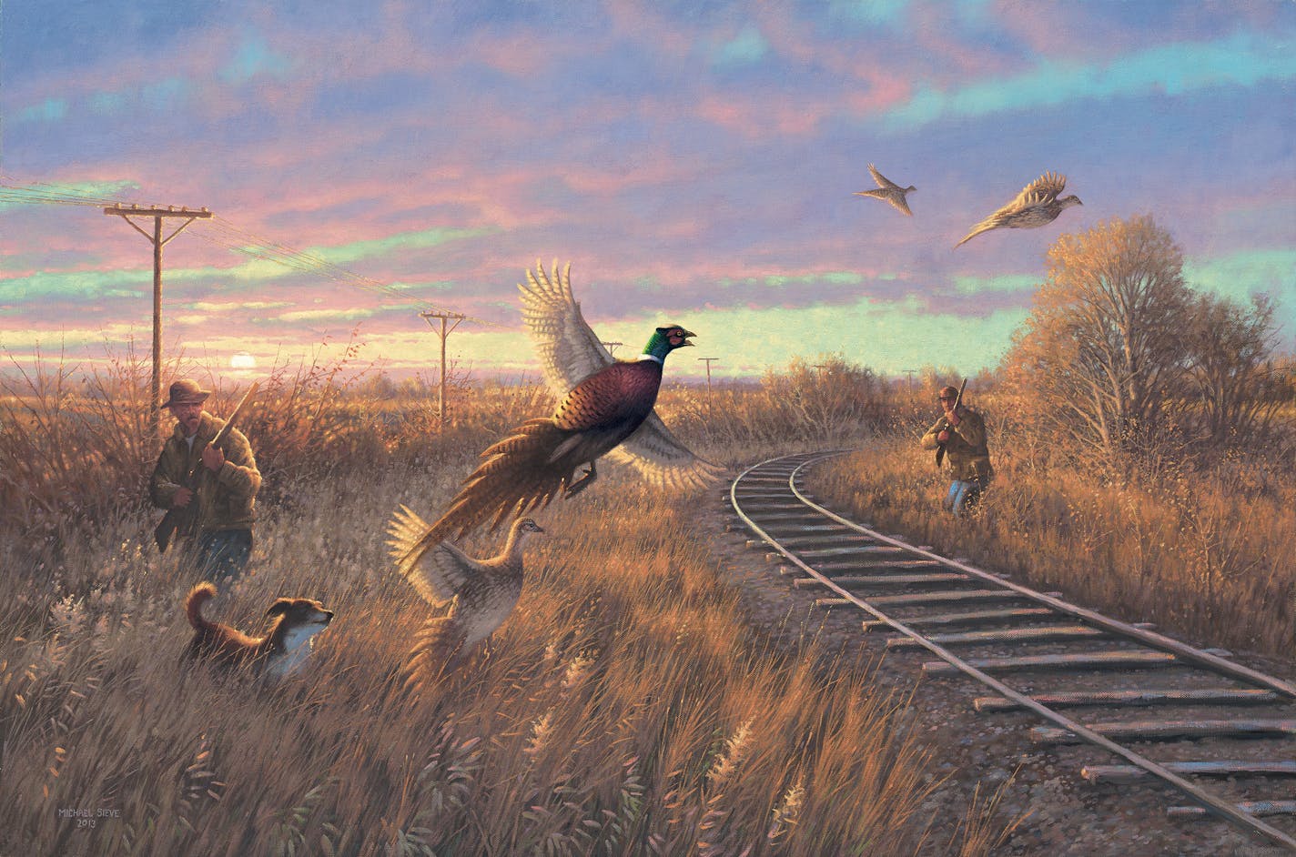 Minnesota wildlife artist Michael Sieve has been making a living from his oil paintings since 1979. He still has a burning desire to win a federal duck stamp and his depiction of a rooster and hen flushing from corn rows into a snow storm is on the 2018 Minnesota Pheasant Stamp. This oil painting of his is called Walkin' the Line.