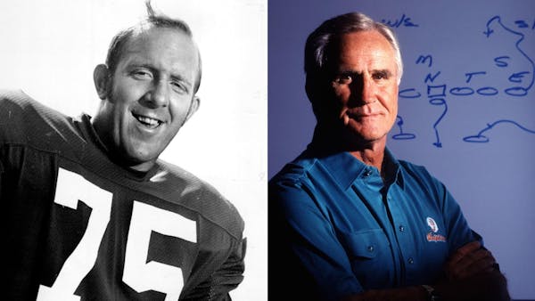 Vikings defensive lineman Bob Lurtsema (left, 1973 photo) said former Colts and Dolphins coach Don Shula, right, "set up my whole career." Shula died 