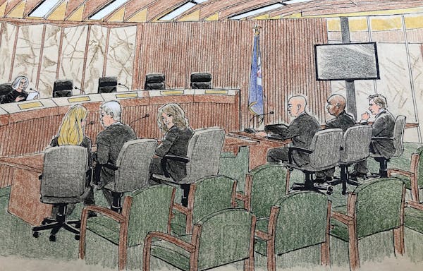 This courtroom sketch depicts jury selection Monday, April 1, 2019, in Minneapolis in the trial of former Minneapolis police officer Mohamed Noor, sec