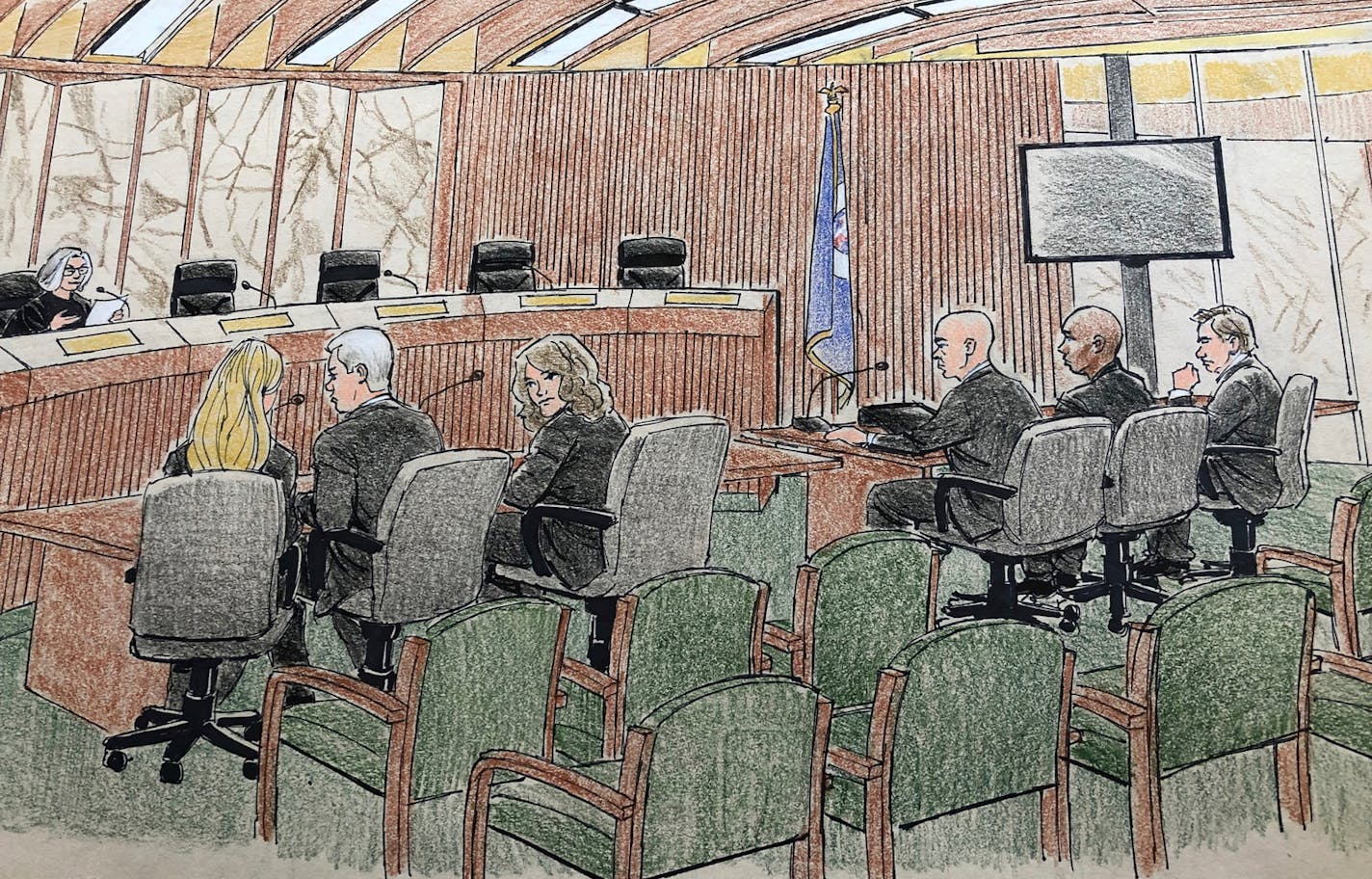 This courtroom sketch depicts jury selection Monday, April 1, 2019, in Minneapolis in the trial of former Minneapolis police officer Mohamed Noor, second from right, who fatally shot an unarmed Australian woman after she called 911 to report a possible sexual assault behind her home. Noor is charged in the July 2017 death of Justine Ruszczyk Damond in a case that drew international attention, cost the police chief her job and forced major revisions to the Police Department's policy on body camer