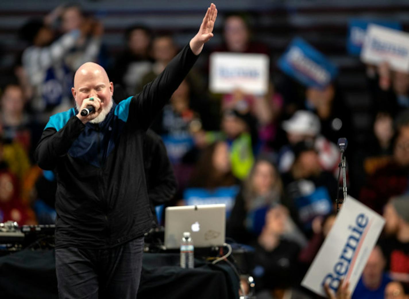 Brother Ali performed at the rally for Sen. Bernie Sanders and Rep. Ilhan Omar at Williams Arena in Minneapolis on Sunday. / Carlos Gonzalez, Star Tribune