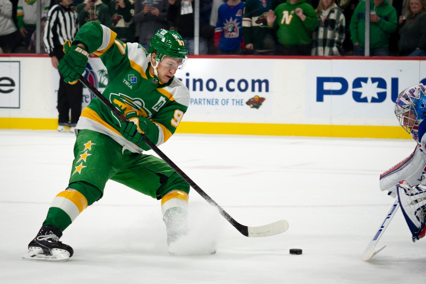 Minnesota Wild forward Kirill Kaprizov (97) shoots the puck in the second shootout in Xcel Energy Center in St. Paul, Minn., on Saturday, Nov. 4, 2023. ] Angelina Katsanis • angelina.katsanis@startribune.com