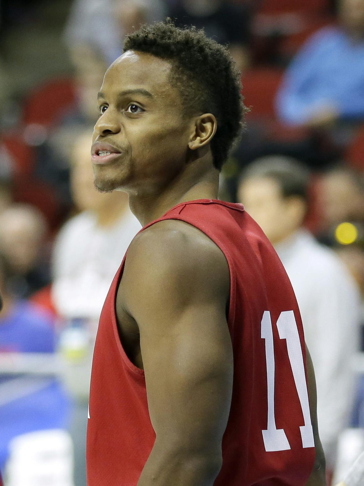 Indiana guard Yogi Ferrell (11) warms up with teammates during practice ahead of a first round men's college basketball game in the NCAA Tournament, Wednesday, March 16, 2016, in Des Moines, Iowa. Indiana will play Chattanooga on Thursday. (AP Photo/Charlie Neibergall)