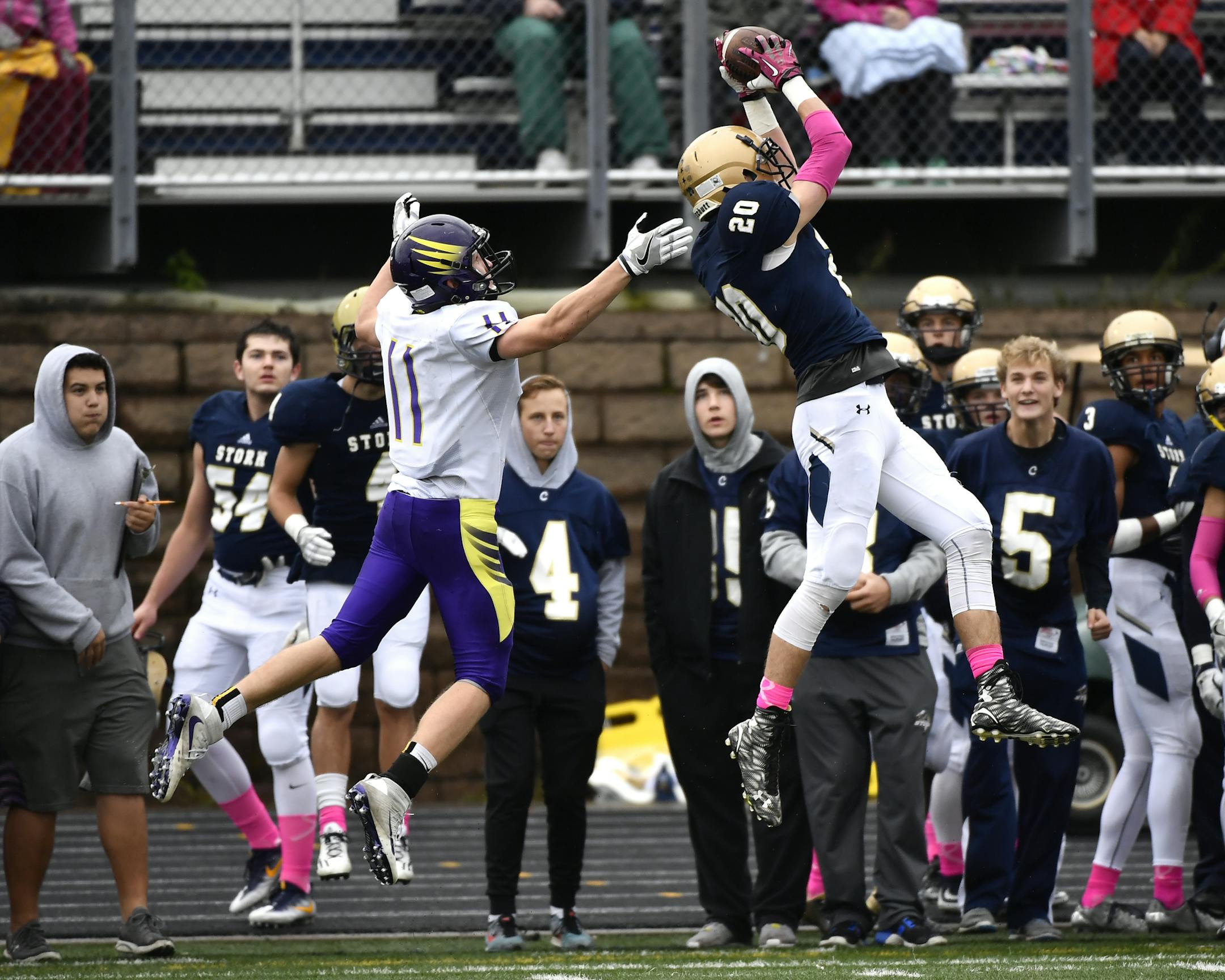 Chanhassen defensive back Drake Weisman (20) nearly picked off a pass intended for Chaska's Connor Souba (11) in the first quarter. ] (AARON LAVINSKY/STAR TRIBUNE) aaron.lavinsky@startribune.com Chaska played Chanhassen in a football section semifinal game on Saturday, Oct. 29, 2016 at Chanhassen High School.
