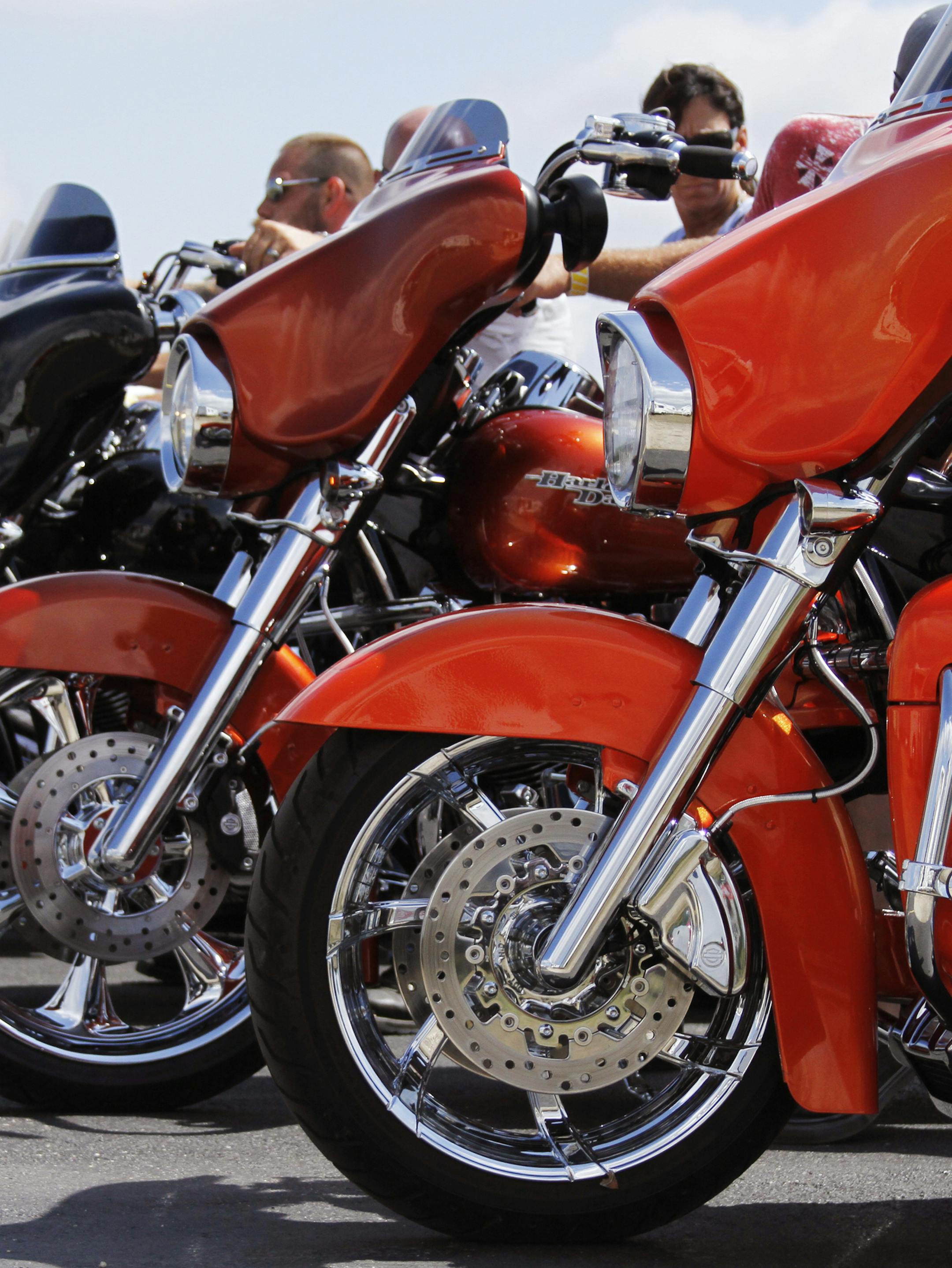 A collection of Harley-Davidson motorcycles are lined up at the Washington County Fair Park in Polk, Wis. on Wednesday, Aug. 28, 2013. Fair Park officials say that motorcyclists have been rolling into camp since Monday for the 110th Harley-Davidson Anniversary in Celebration Milwaukee that begins Thursday. (AP Photo/The Daily News, John Ehlke) ORG XMIT: MIN2013090617004960