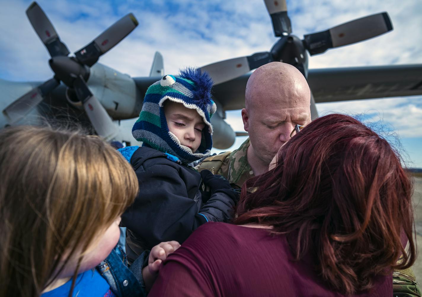 God I love that sound," said Lauren Shegstad who ran to greet her husband, staff sergeant Nicholas Shegstad as soon as she spotted him. With her are daughter Kinsley,3, and son Landen, 6. A couple C-130 Hercules aircraft from the Minnesota Air National Guard's 133rd Airlift Wing landed with service members after a four month deployment in the Middle East.] More than 100 U.S. Air Force Airmen and four C-130 Hercules aircraft from the Minnesota Air National Guard's 133rd Airlift Wing will be retur