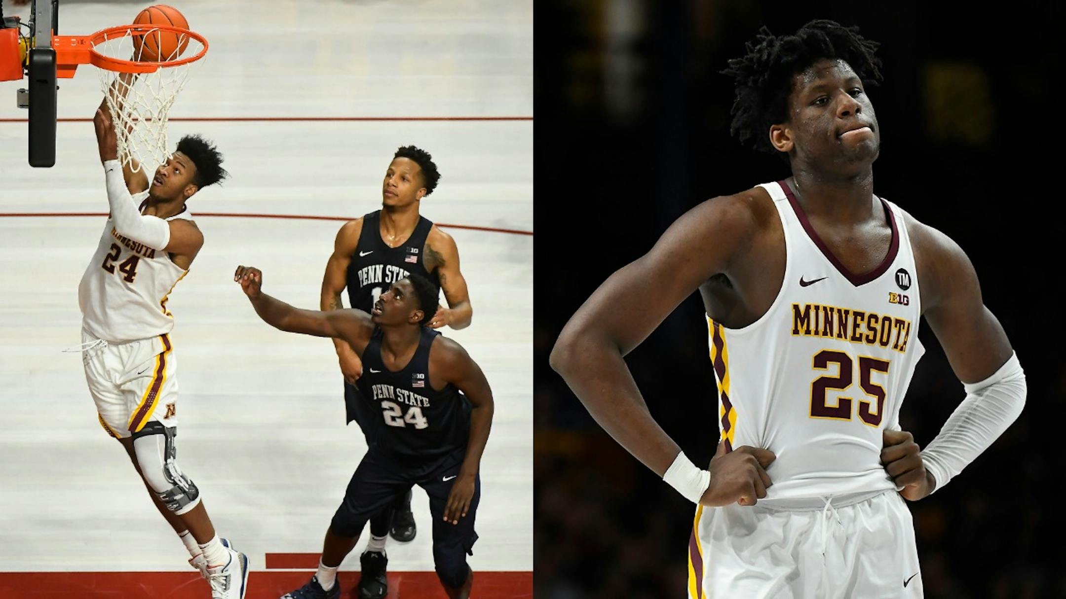 Redshirt sophomore Eric Curry (left) again started at center for the Gophers in Sunday's game against No. 19 Iowa. Freshman Daniel Oturu (right) missed the game because of a shoulder injury.