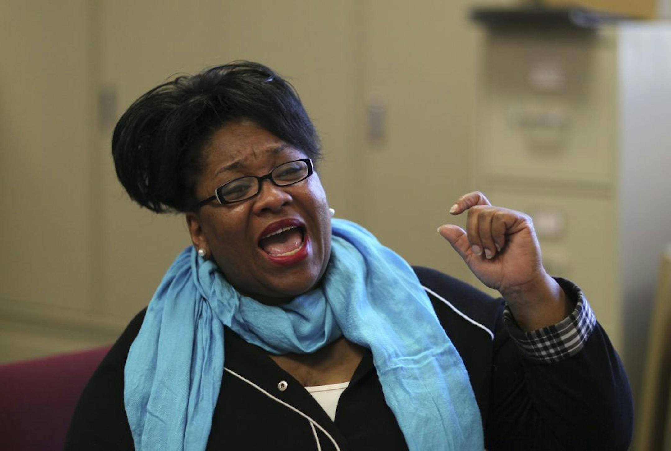 Jearlyn Steele worked through a song at the first rehearsal of "Come on Children, Let's Sing!" Tuesday afternoon, October, 11, 2011, at Fellowship Missionary Baptist Church in Minneapolis. The show, a musical based on gospel singer Mahalia Jackson's life, stars Jearlyn Steele and Tonia Hughes, follows Penumbra Theater's successful tribute to Nat King Cole. Sanford Moore is the show's musical director; Steele plays Mahalia Jackson during the period of her life from 1950-70.