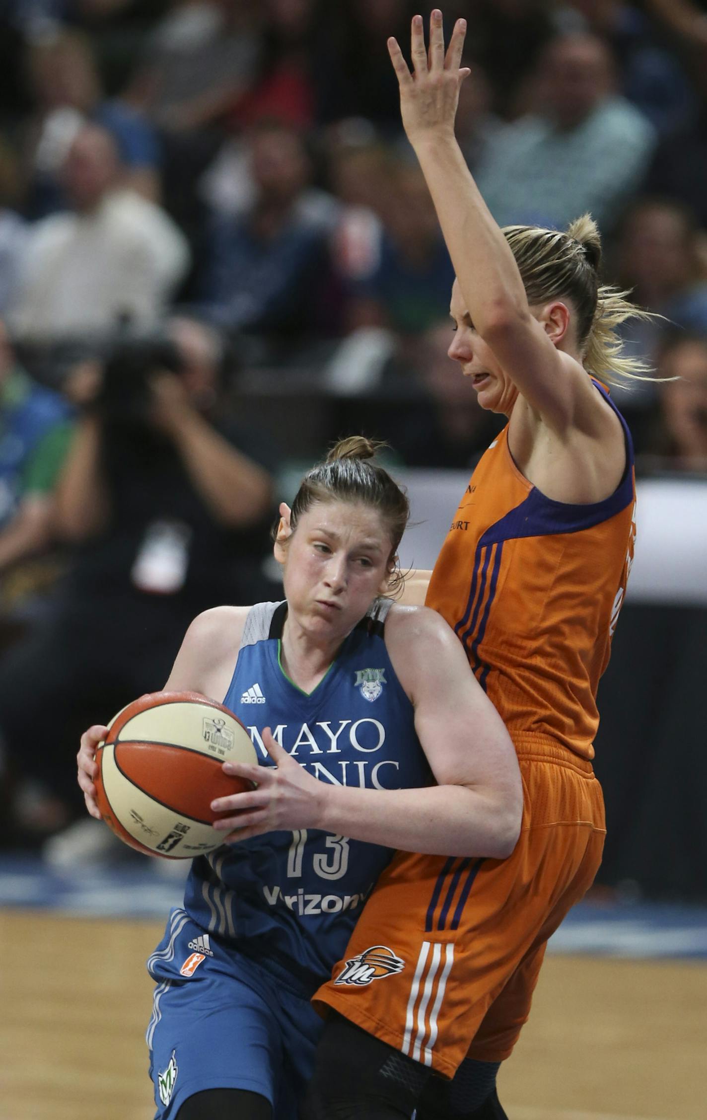 Minnesota Lynx guard Lindsay Whalen (13) was fouled by Phoenix Mercury forward Penny Taylor (13) in the fourth quarter while driving to the net. ] JEFF WHEELER &#xef; jeff.wheeler@startribune.com The Minnesota Lynx beat the Phoenix Mercury 96-86 in Game 2 of their WNBA semi-final playoff series Friday night, September 30, 2016 at Xcel Energy Center in St. Paul.