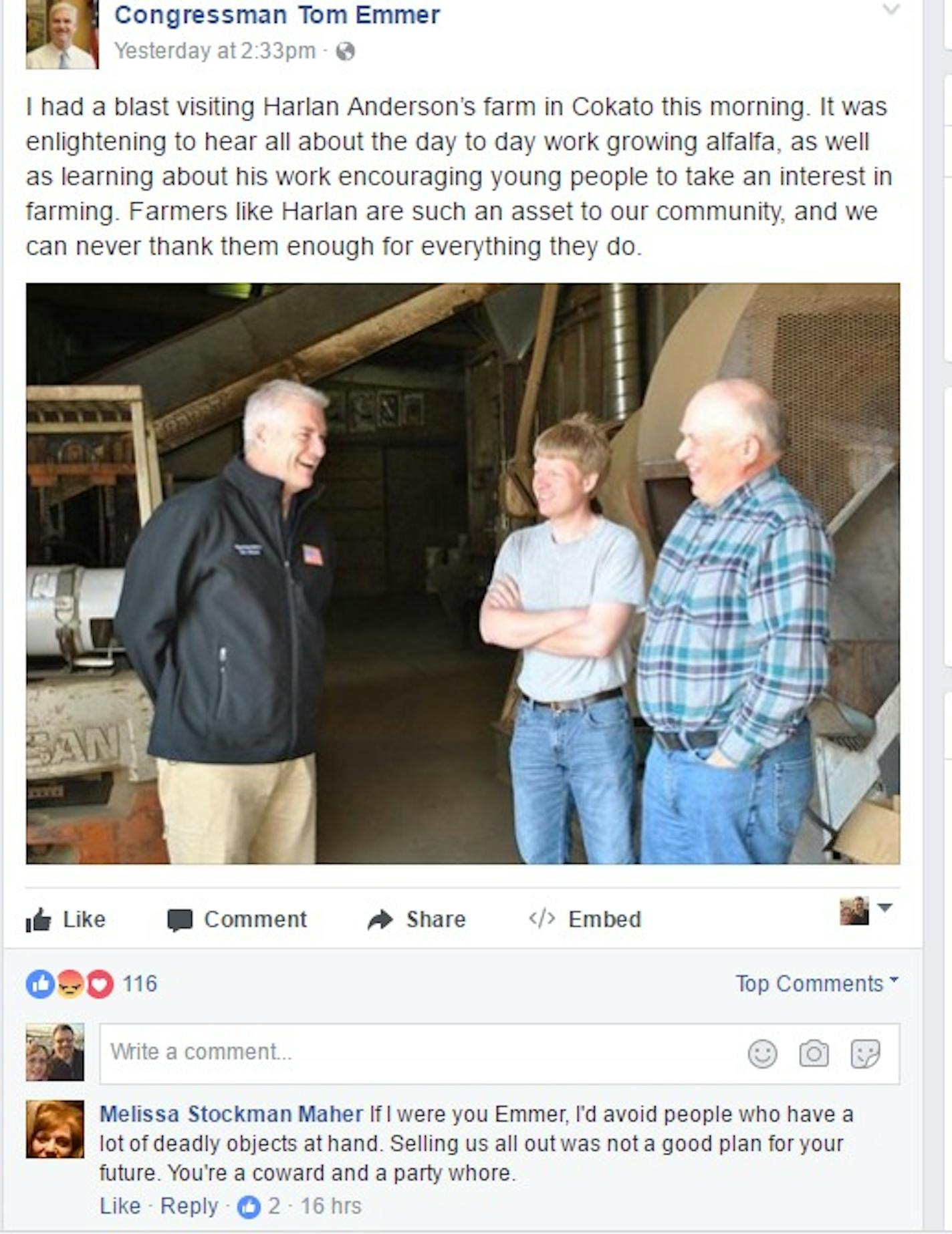 The post on U.S. Rep Tom Emmer's Facebook page and the comment that led to the controversy.