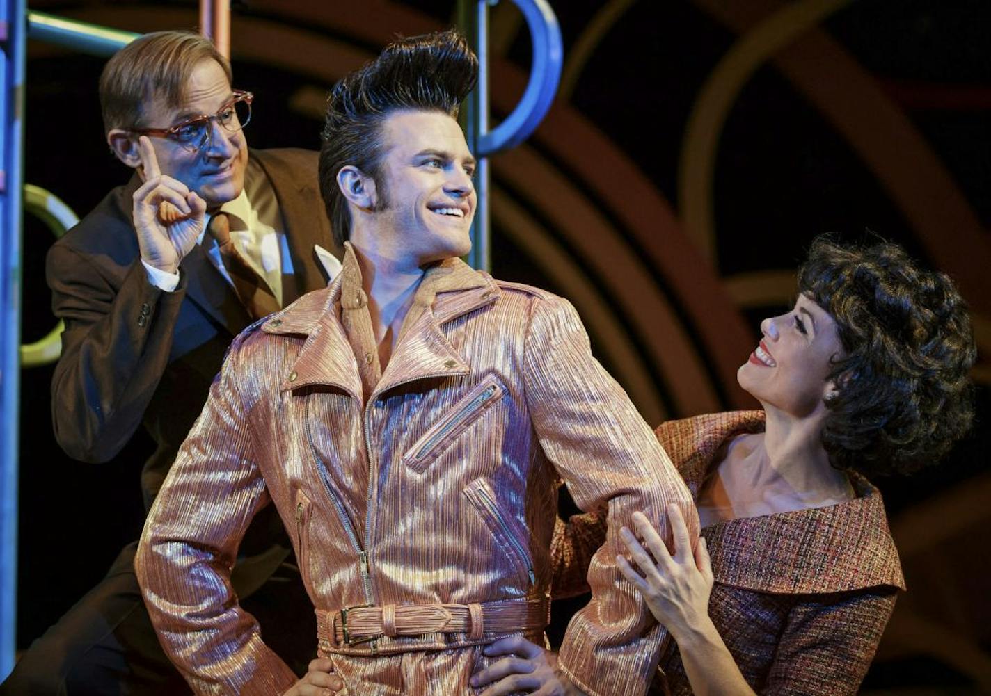 Michael Gruber as Albert, Frank Moran as Conrad Birdie and Ann Michels as Rosie in "Bye Bye Birdie" at Chanhassen Dinner Theatres.