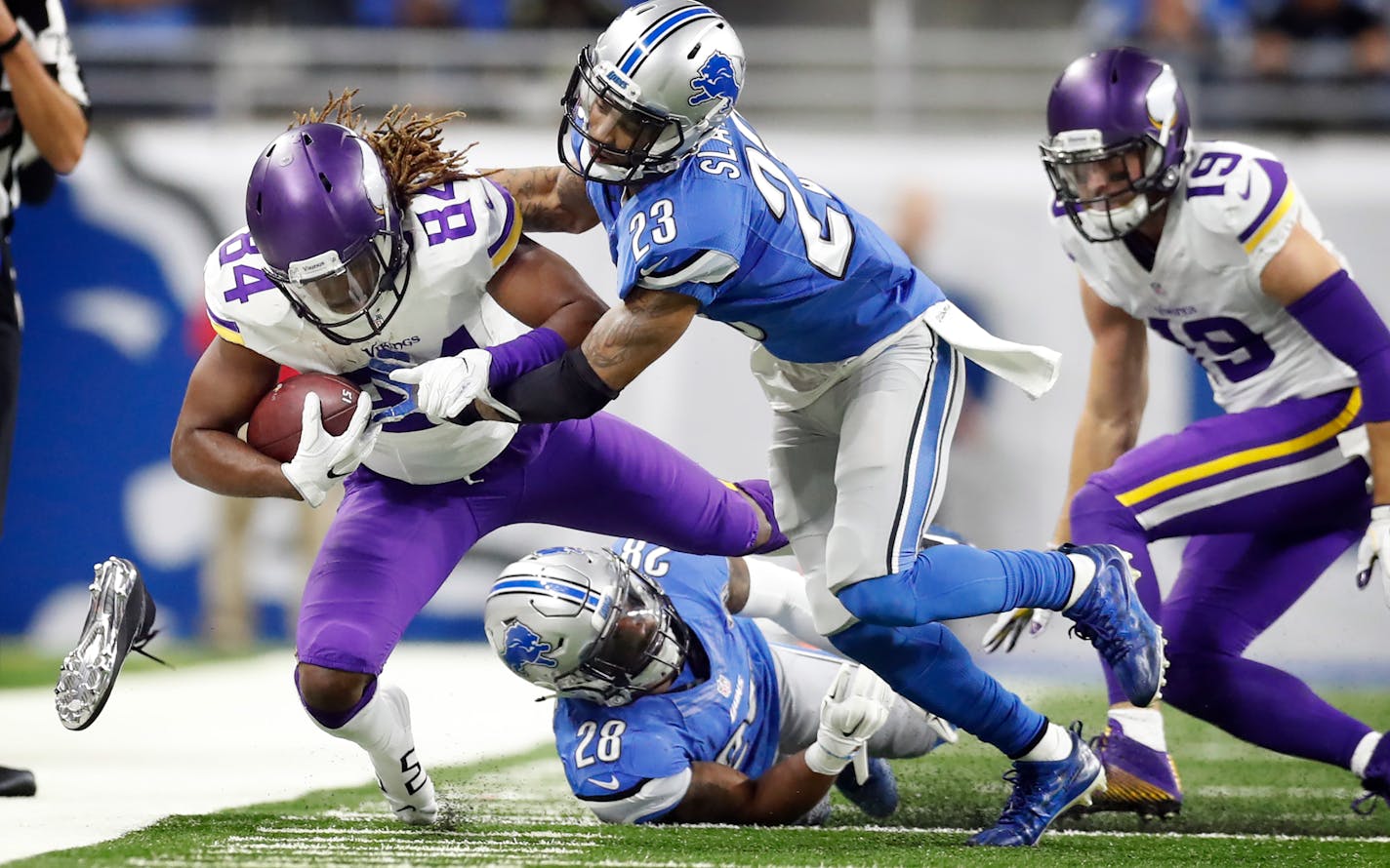 Vikings wide receiver Cordarrelle Patterson (84) lined up in an illegal offensive formation with the score tied and 43 seconds left against the Lions on Thursday, which proved costly. Receiver Cordarrelle Patterson, whose offensive reps were boosted Sunday by the absence of injured Stefon Diggs, inadvertently lined up off the line of scrimmage as the split end wide left.