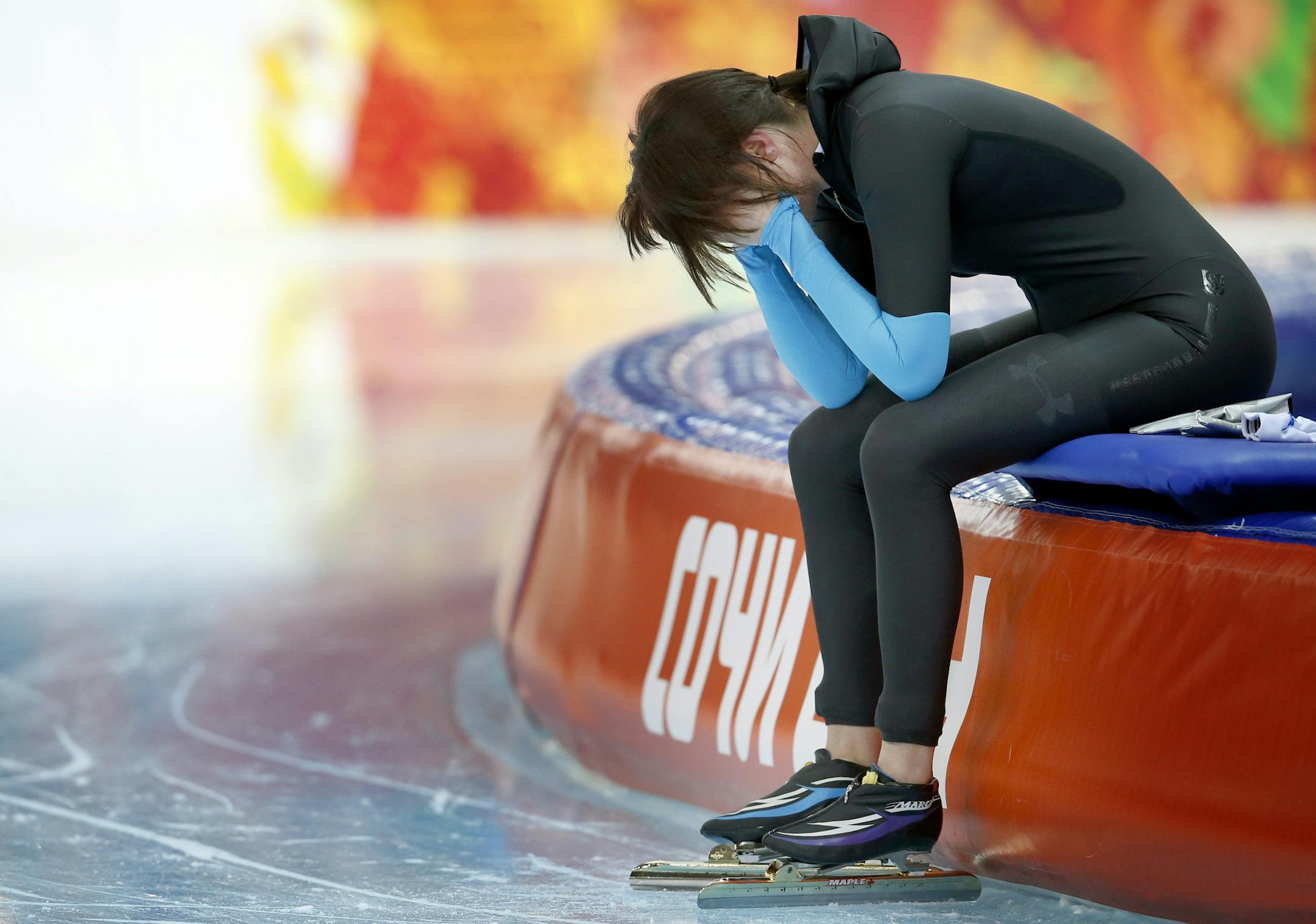 Brittany Bowe of the USA caught her breath after finishing the women's long track 1500m event, held Sunday evening at Adler Arena Skating Arena in Sochi's Coastal Cluster. Brittany Bowe (Ocala, Fla.) crossed the finish at 1:58.31, good for 14th place. ] CARLOS GONZALEZ cgonzalez@startribune.com - February 16, 2013, Sochi, Russia, Sochi 2014 Winter Olympics, Adler Arena, Speed Skating