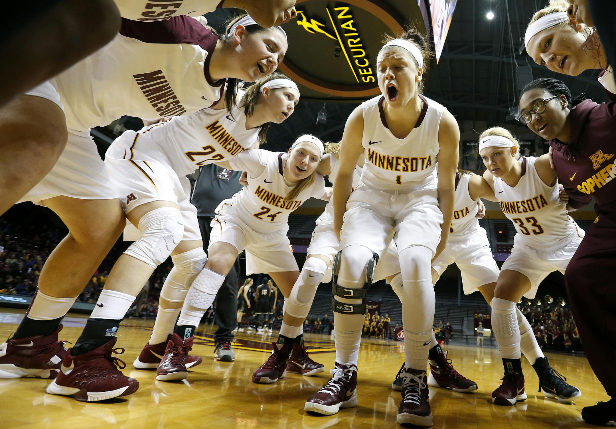 Rachel Banham, center, before a game earlier this season.