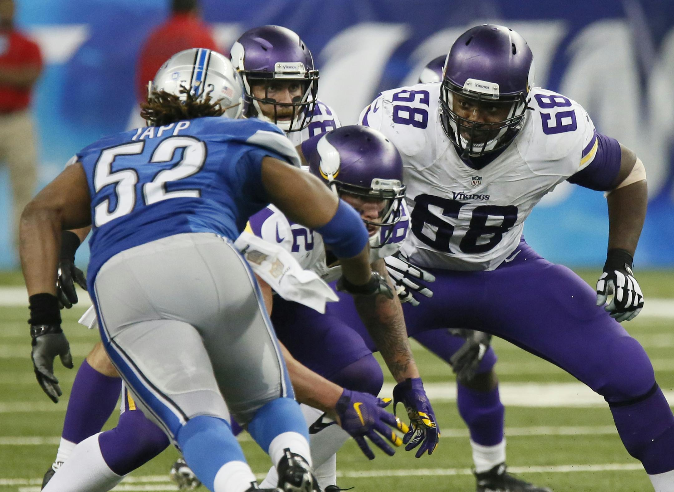 Minnesota Vikings offensive tackle T.J. Clemmings (68) during the second half of an NFL football game against the Detroit Lions, Sunday, Oct. 25, 2015, in Detroit. (AP Photo/Duane Burleson)
