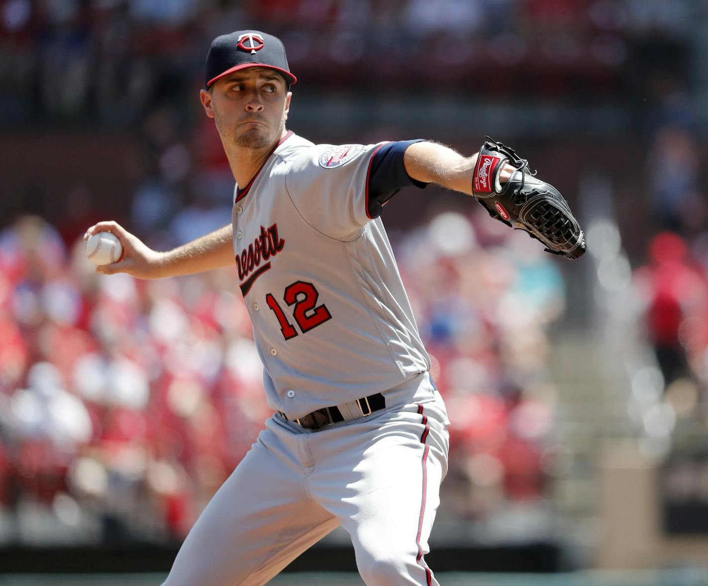 Minnesota Twins starting pitcher Jake Odorizzi throws during the first inning of a baseball game against the St. Louis Cardinals Tuesday, May 8, 2018, in St. Louis. (AP Photo/Jeff Roberson)