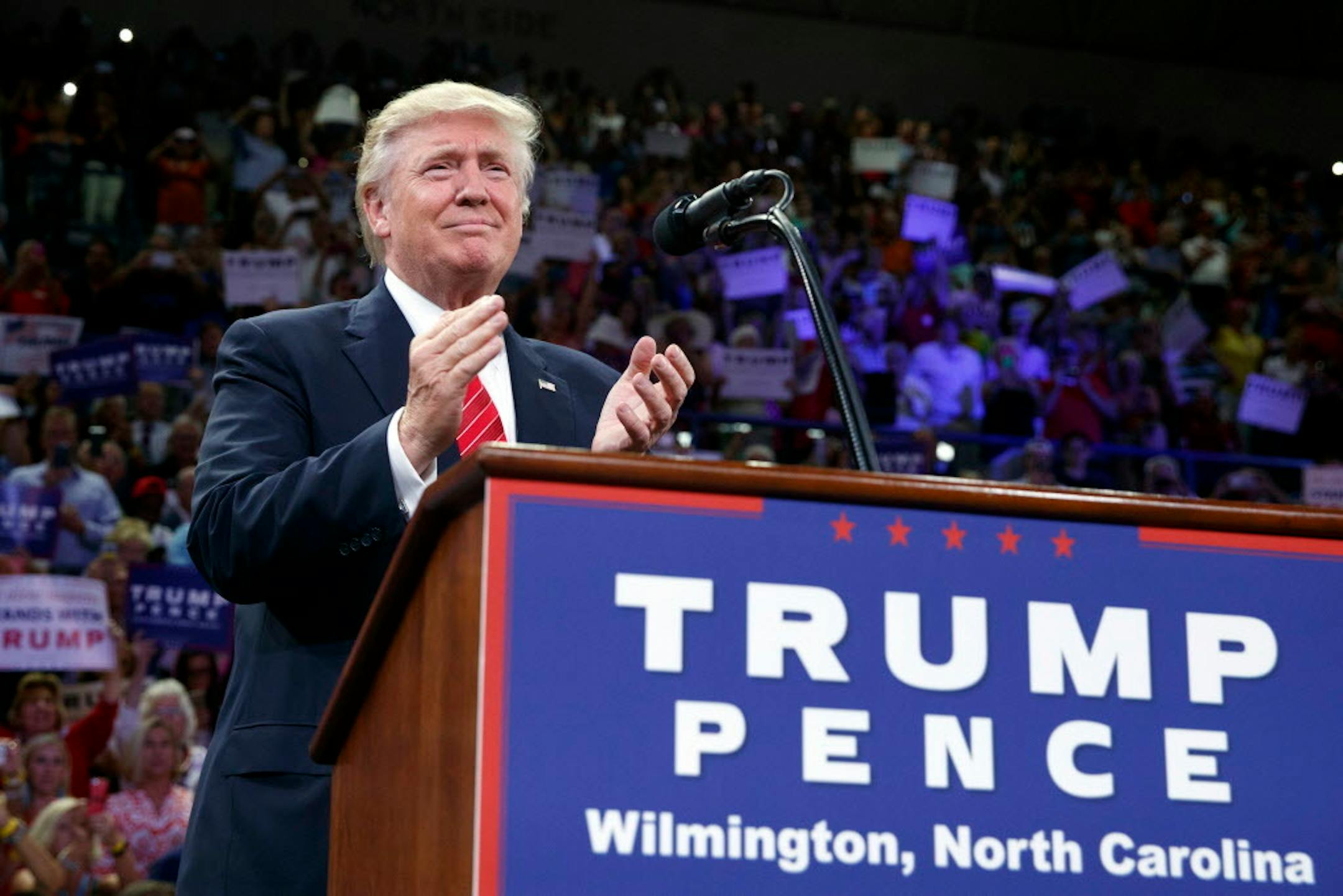 Republican presidential candidate Donald Trump applauded during a campaign rally at the University of North Carolina Wilmington on Tuesday in Wilmington, N.C.