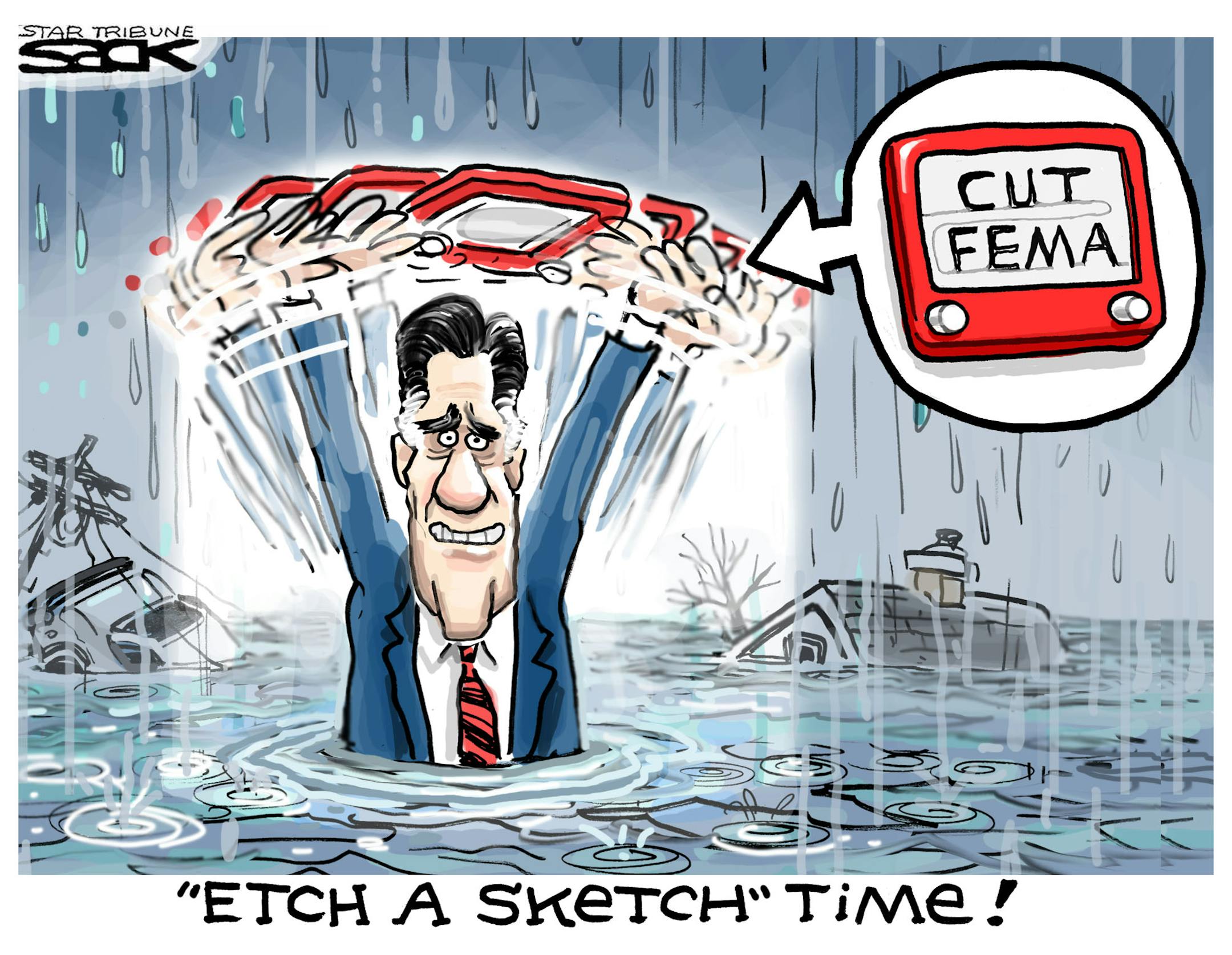 Steve Sack editorial cartoon for Nov. 1, 2012. Topic: Hurricane Sandy and Mitt Romney's past advocacy to cut FEMA.